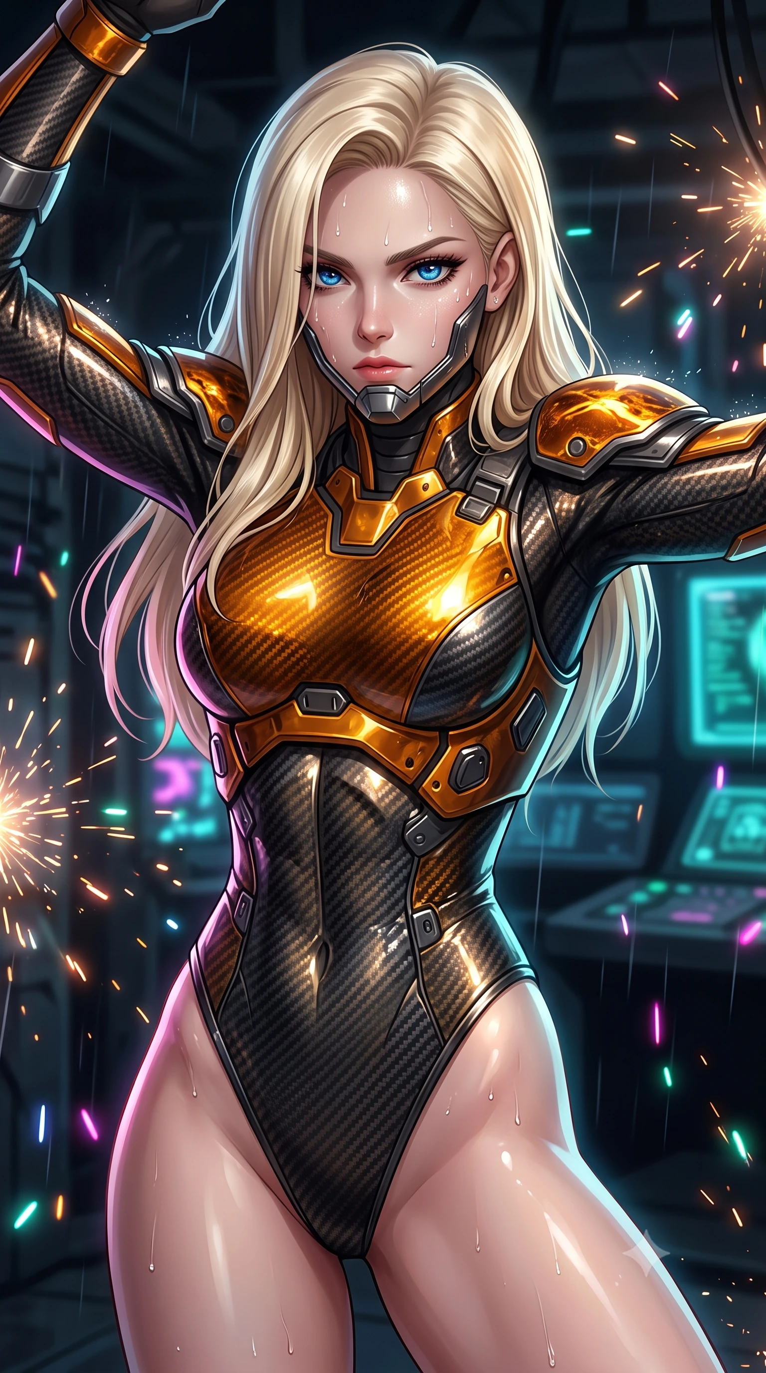 score_9, masterpiece, best quality, ultra-detailed, high-budget anime keyframe, semi-realistic 3D game render, editorial fashion photography, tasteful artistic composition, Caucasian woman. close-up cowboy shot from the waist and thighs up, the character dominates the composition, filling the frame with her large presence. tilting her head slightly with solemn warrior composure, sweat and rain glistening on her sculpted collarbones and high-bridge nose while sliding into the bunker command nexus with arms raised in fluid kinetic readiness, eyes scanning the shadows with lethal focus. The composition keeps background elements in soft focus with creamy bokeh. sparkling short-circuit sparks scattering radiant light motes across a dark fortified bunker backdrop. She has an exceptionally elegant, slender, and willowy female figure with an ultra-slim waist, a gracefully sculpted slender torso, toned flat midriff, and a refined slim silhouette. sharp v-shaped jawline, high-bridge nose, intricate jewel-like eyes with depth, thick eyelashes, glossy lips with a natural sheen, fierce and resolute heroine expression, flawlessly proportioned anatomical accuracy, strict slender model proportions, natural body alignment, perfectly sculpted long slender limbs, ultra-slim waistline, clean dynamic posture without body distortion. wearing a sleek titanium half-face combat rebreather guard protecting her lower jaw while leaving her expressive eyes and long hair flowing freely, paired with a heavy modular carbon-fiber combat cuirass paired with a second-skin tactical leotard and reinforced titanium shoulder pauldrons in molten amber-gold carbon cuirass with dark gunmetal weave, formed from high-gloss patent carbon-plating with specular dystopian chiaroscuro reflections, finished with high-mobility flexible armor articulation seams and miniature magnetic locks, the liquid-tight tailored fabric emphasizing every curve of her tall, slender model proportions and sculptured silhouette during dynamic movement. illuminated by sharp specular highlights tracing her ultra-slim waist, long legs, and sculpted armor plates. rich saturated anime colors with glowing neon highlights, detailed shading with soft gradients, rich glossy textures, high-contrast stereoscopic depth, volumetric dynamic lighting, master piece, 9:16 ratio