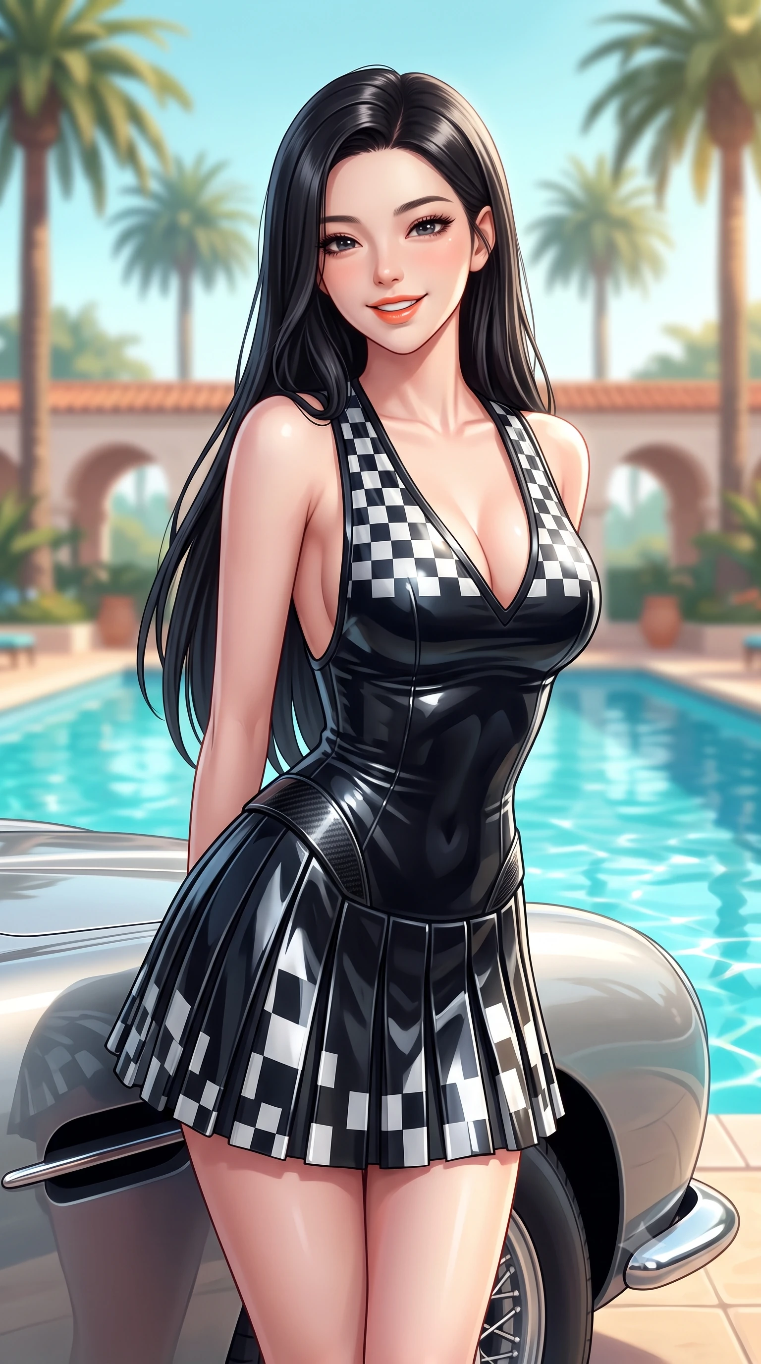score_9, masterpiece, best quality, ultra-detailed, high-budget anime keyframe, semi-realistic 3D game render, editorial fashion photography, tasteful artistic composition, Korean woman. close-up cowboy shot from the waist and thighs up, the character dominates the composition, filling the frame with her large presence. resting both hands lightly behind her back while leaning toward the lens with a cheerful, teasing grin, her form-fitting athletic suit hugging her narrow waist and hip curve while standing beside the iconic silver fender of a vintage Aston Martin DB5 parked by the pool, arching her back with classic Hollywood glamour. The background shows a soft-focus towering Beverly Hills royal palms, crystal turquoise pool water, and Spanish revival club arches blurred into pastel turquoise, honey, and coral bokeh. She has an exceptionally elegant, slender, and willowy female figure with an ultra-slim waist, flat toned midriff, narrow ribcage, and sculpted feminine hips creating an alluring, slim hourglass silhouette without bulk. sharp v-shaped jawline, high-bridge nose, sparkling eyes with athletic focus and depth, thick curled eyelashes, glossy parted lips with a natural coral-peach sheen, bright confident and coquettish smile with alluring bedroom-eyes, exuding both youthful sporty vigor and sovereign high-society glamour, flawlessly proportioned anatomical accuracy, strict slender model proportions, natural body alignment, perfectly sculpted long slender limbs, ultra-slim waistline, clean dynamic posture without body distortion. wearing a deep V-neck knit tennis dress with an open-back scoop and knife-pleated skirt tracing her narrow waist and hips in matte obsidian black and checkered flag white, made of high-gloss reflective patent leather with mirror-like specular highlights, accented with sleek aerodynamic carbon-fiber hip pads framing her narrow waist, the form-fitting tailored bodice adhering flawlessly to her sculpted flat midriff and slender torso, emphasizing her long leg lines and perfectly proportioned willowy build. bathed in bright California afternoon sunbeams reflecting off sparkling pool water. highly saturated vibrant anime colors, detailed shading with soft gradients, rich glossy textures, high-contrast stereoscopic depth, volumetric dynamic lighting, master piece, 9:16 ratio