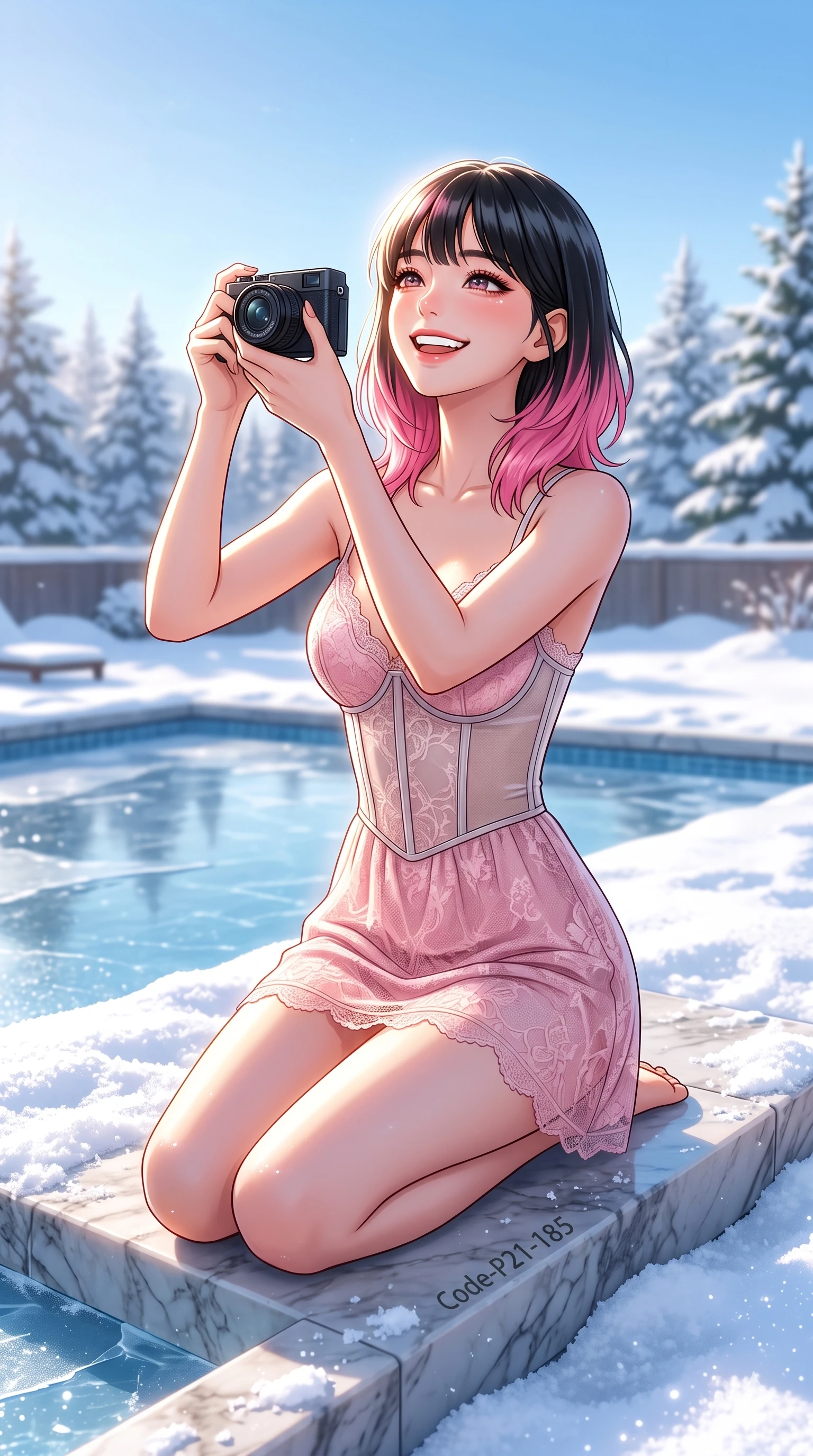 score_9, masterpiece, best quality, ultra-detailed, high-budget anime keyframe, vibrant anime aesthetic, Korean woman. cowboy shot from the thighs up, character and outfit filling the frame for maximum presence. She is holding a camera with a bright winter grin, looking up with a joyful expression in snow on a marble pool ledge in the winter morning (Code-P21-185). She has an absolutely perfect 8-heads proportion, an exceptionally tall and slender female figure with impossibly long slender legs and an ultra-slim waist. V-shaped jawline, high-bridge nose, intricate jewel-like eyes with depth, thick eyelashes, glossy lips with a natural sheen. wearing a semi-opaque corset over a pink lace slip dress in winter. She is drenched in radiant midday winter sunshine that creates a glowing halo around her features. 2k, ultra detail, master piece, 9:16 ratio