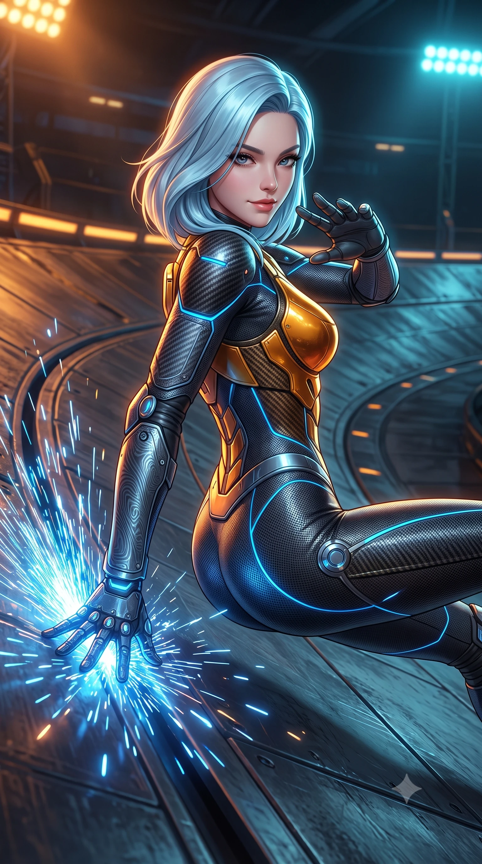 score_9, masterpiece, best quality, ultra-detailed, high-budget anime keyframe, semi-realistic 3D game render, editorial fashion photography, tasteful artistic composition, Korean woman. close-up cowboy shot from the waist and thighs up, the character dominates the composition, filling the frame with her large presence. resting one hand in a defensive deflective posture while glancing over her shoulder with thick eyelashes and a confident, smoldering combat half-smile while drifting at extreme velocity along the banked metal curve of a Scrapyard Motorball arena, touching one hand to the track as blue sparks fly. The surrounding environment is rendered in vivid detail and crisp panoramic clarity. sharp carbon-fiber armor weave, glowing kinetic knuckle damper coils, and scratched steel track plates in deep focus. She has an exceptionally elegant, slender, and willowy female figure with an ultra-slim waist, a gracefully sculpted slender torso, toned flat midriff, and a refined slim silhouette. sharp v-shaped jawline, high-bridge nose, intricate jewel-like eyes with depth, thick eyelashes, glossy lips with a natural sheen, flawlessly proportioned anatomical accuracy, strict slender model proportions, natural body alignment, perfectly sculpted long slender limbs, ultra-slim waistline, clean dynamic posture without body distortion. wearing an aerodynamic dark titanium carbon-mesh jumper with glowing blue fiber lines and reinforced Damascus-pattern arm guards in molten amber-gold carbon cuirass with dark titanium weave, made of liquid carbon-jersey fabric adhering flawlessly to her sculpted silhouette, detailed with magnetic knuckle shock-absorbers and polished chrome articulation joints, the liquid-tight tailored fabric emphasizing every curve of her tall, slender model proportions and sculptured silhouette during dynamic movement. bathed in vivid high-contrast amber and cyan arena floodlights with electric friction spark glints. rich saturated anime colors with glowing neon highlights, detailed shading with soft gradients, rich glossy textures, high-contrast stereoscopic depth, volumetric dynamic lighting, master piece, 9:16 ratio