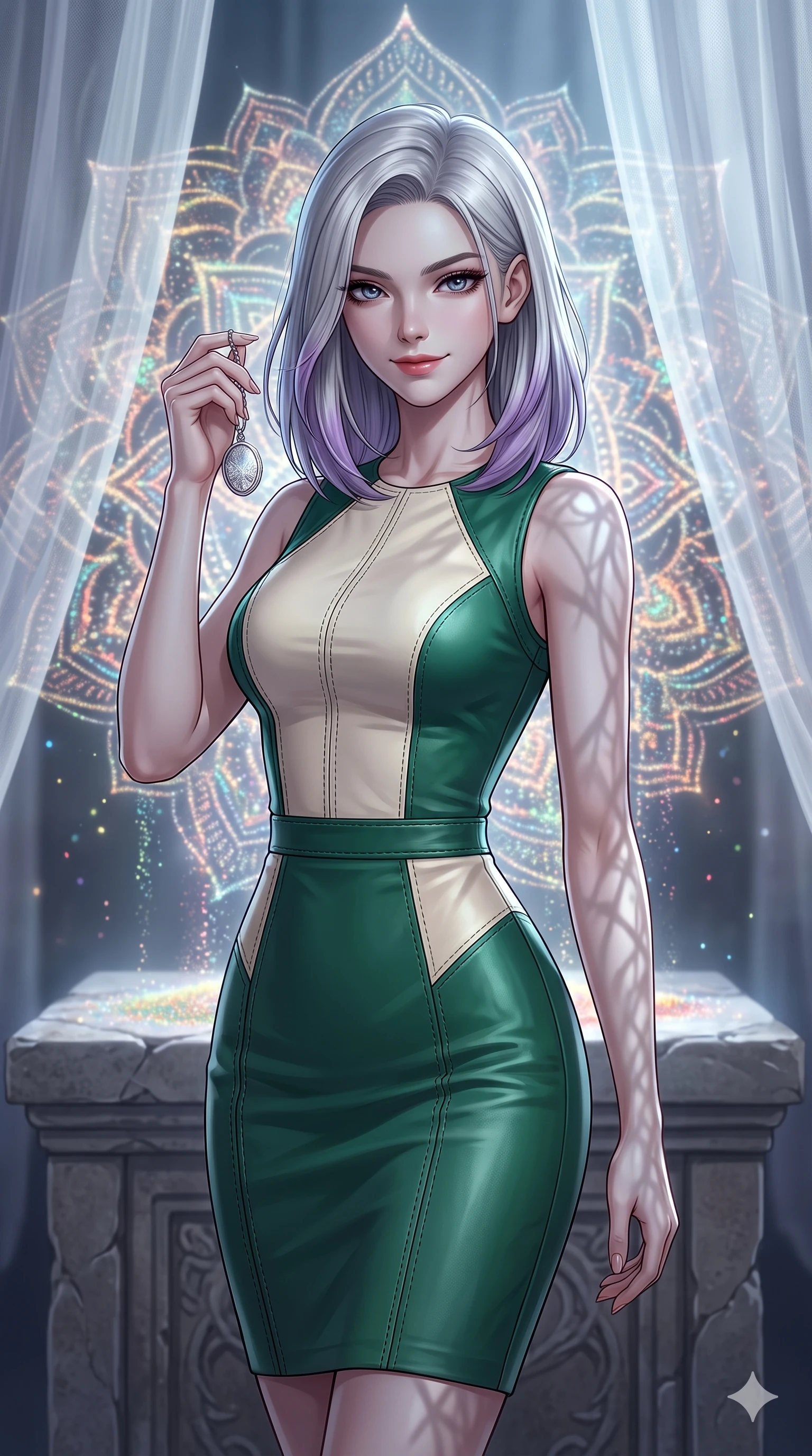 score_9, masterpiece, best quality, ultra-detailed, high-budget anime keyframe, editorial fashion photography, tasteful artistic composition, Caucasian woman, strictly human ears. close-up cowboy shot from the waist and thighs up, the character dominates the composition, filling the frame with her large presence, background elements kept in soft focus. Holding a delicate object up near her face while gazing at the viewer with a knowing smile. set against a soft-focus background of an ancient stone altar where millions of glowing colored sand particles levitate and slowly arrange themselves into an impossibly intricate mandala pattern radiating outward in concentric circles. She has an exceptionally elegant and slender, willowy female figure with an ultra-slim waist, a gracefully sculpted slender torso, and a refined slim physique. sharp v-shaped jawline, high-bridge nose, intricate jewel-like eyes with depth, thick eyelashes, glossy lips with a natural sheen. wearing a fitted pencil dress in color-blocked emerald green and cream leather, contouring her athletic, slender build with precision topstitching. cold silver moonlight filtered through translucent gossamer curtains casting delicate shadows. 2k, ultra detail, master piece, 9:16 ratio
