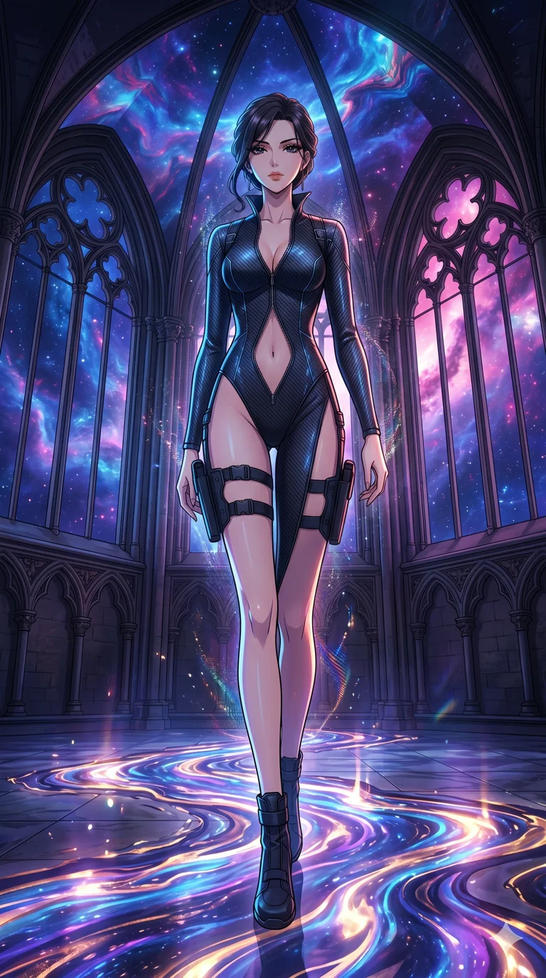 score_9, masterpiece, best quality, ultra-detailed, High-budget Anime Keyframe, vibrant colors, fluid line-art, expressive lighting, cinematic composition, Ufotable-style visual effects, top-tier animation quality, Japanese woman with delicate and elegant anime-inspired features. Wide-angle low shot emphasizing her impossibly long slender legs and commanding stature. Warping the very fabric of reality around her as she walks, the ground turning into liquid and the sky changing colors. She has an absolutely perfect 8-heads proportion, an exceptionally tall and slender female figure with impossibly long slender legs and an ultra-slim waist, her statuesque height and towering silhouette dominating the vertical 9:16 frame. Her face is a masterpiece featuring a sharp v-shaped jawline, high-bridge nose, intricate jewel-like eyes with depth, thick eyelashes, and glossy lips with a natural sheen. She is wearing a Sleek tactical leotard with thigh-high holsters, unzipped deeply to show her midriff crafted from Carbon-fiber weave with a high-tech matte finish and integrated glowing filaments, with a dangerous high slit that showcases her impossibly long slender legs. The scene is set in a majestic gothic cathedral in deep space with massive windows overlooking a swirling nebula, illuminated by cinematic lighting with dramatic rim light that highlights her slender silhouette. 2k, ultra detail, master piece, 9:16 ratio