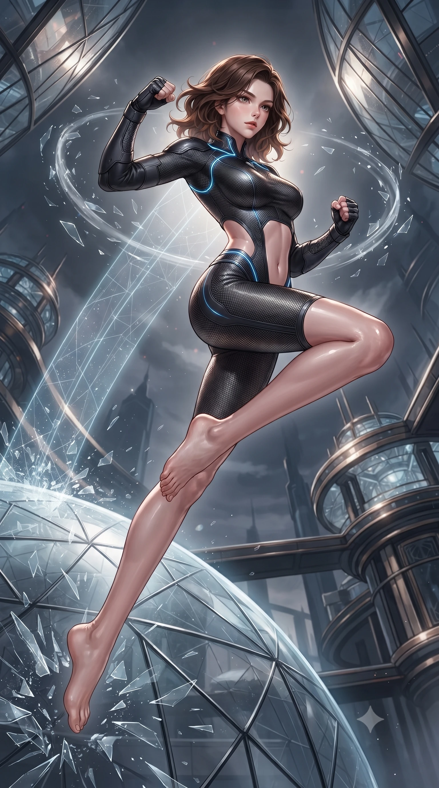 score_9, masterpiece, best quality, ultra-detailed, high-budget anime keyframe, editorial fashion photography, tasteful artistic composition, Korean woman. low angle full-body shot from head to toe showing her feet, filling the entire 9:16 vertical frame with her statuesque presence, stretching her vertical silhouette. leaping into mid-air with an athletic yet alluring arch of her spine, driving a downward kinetic strike surrounded by a ring of displaced air while launching off the transparent glass dome wall with supersonic speed, leaving a faint geometric data trail behind her silhouette. The surrounding environment is rendered in vivid detail and crisp panoramic clarity. dramatic orbital chiaroscuro and transcendent high-altitude martial arts architecture in panoramic precision. She has an absolutely perfect, statuesque 8.5-heads proportion, an exceptionally tall and slender model-like female figure with impossibly long slender legs, a toned flat midriff, and an ultra-slim waist. sharp v-shaped jawline, high-bridge nose, intricate jewel-like eyes with depth, thick eyelashes, glossy lips with a natural sheen, flawlessly proportioned anatomical accuracy, strict slender model proportions, natural body alignment, perfectly sculpted long slender limbs, ultra-slim waistline, clean dynamic posture without body distortion. wearing an aerodynamic dark titanium carbon-mesh jumper with glowing blue fiber lines and reinforced Damascus-pattern arm guards in matte obsidian carbon black with electric cyan conduits, made of lightweight aerodynamic carbon-titanium alloy with polished edge bevels, accented with glowing fiber-optic conduits tracing her collarbones and hip curves, the precision-cut daring openings accentuating her delicate midriff, graceful bare collarbones, and ultra-slim feminine waistline. surrounded by an awe-inspiring, serene, and radiantly supreme celestial martial goddess aura. ultra-reflective glossy finish, specular highlights, dark metallic sheen, high-contrast stereoscopic depth, volumetric dynamic lighting, 2k, ultra detail, master piece, 9:16 ratio