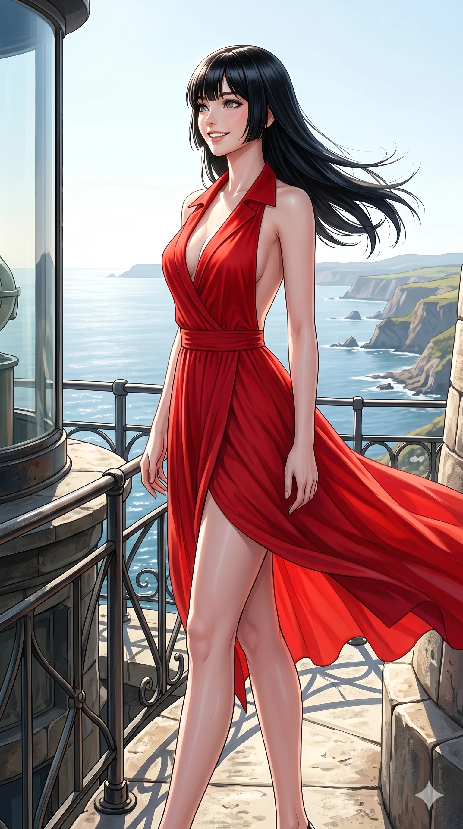 score_9, masterpiece, best quality, ultra-detailed, high-budget anime keyframe, editorial fashion photography, tasteful artistic composition, Caucasian woman, strictly human ears. cowboy shot from the thighs up, character and outfit filling the frame for maximum editorial presence. looking out at the vast horizon with a bright, inspired smile and happy eyes standing on a viewing platform of a lighthouse overlooking the coastline. She has an absolutely perfect 8-heads proportion, an exceptionally tall and slender female figure with impossibly long slender legs and an ultra-slim waist. V-shaped jawline, high-bridge nose, intricate jewel-like eyes with depth, thick eyelashes, glossy lips with a natural sheen. wearing a red wrap dress with a deep plunging collar and an open-back design. drenched in brilliant, direct midday sunlight and strong ocean breeze. 2k, ultra detail, master piece, 9:16 ratio