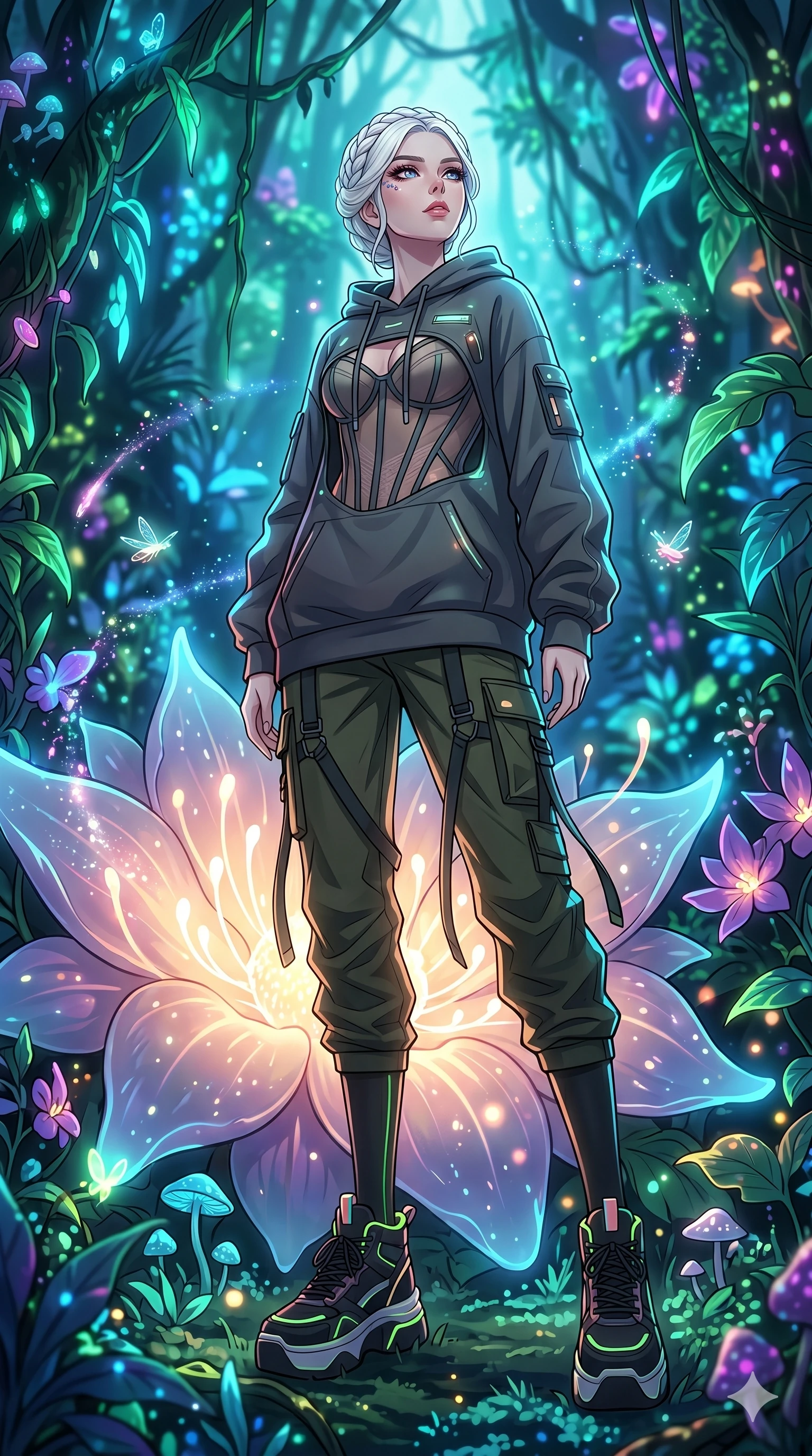 score_9, masterpiece, best quality, ultra-detailed, High-budget Anime Keyframe, vibrant colors, fluid line-art, expressive lighting, cinematic composition, Ufotable-style visual effects, top-tier animation quality, Caucasian woman with pale skin and refined features. Low angle cowboy shot filling the entire 9:16 frame with her statuesque presence, looking up to emphasize her height. Resting against a giant glowing flower that emits a soft, pulse-like light. She has an absolutely perfect 8-heads proportion, an exceptionally tall and slender female figure with impossibly long slender legs and an ultra-slim waist, her statuesque height and towering silhouette dominating the vertical 9:16 frame. Her face is a masterpiece featuring a sharp v-shaped jawline, high-bridge nose, intricate jewel-like eyes with depth, thick eyelashes, and glossy lips with a natural sheen. She is wearing a Oversized designer hoodie worn as a dress, paired with technical cargo joggers, a sheer corset top, and platform sneakers with knee-high socks.. The scene is set in a bioluminescent jungle where every leaf and flower glows with a unique frequency. 2k, ultra detail, master piece, 9:16 ratio