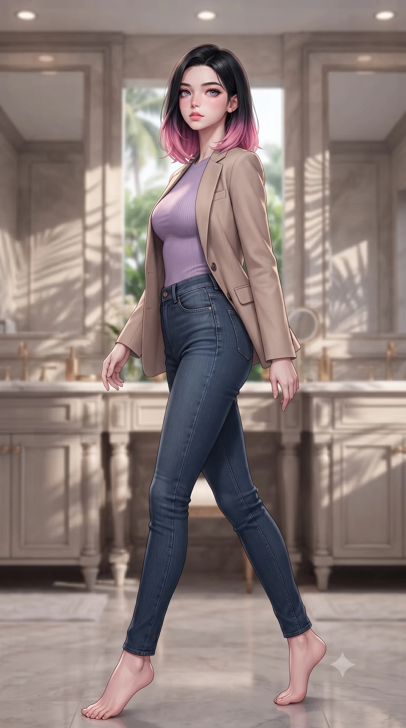 score_9, masterpiece, best quality, ultra-detailed, high-budget anime keyframe, editorial fashion photography, tasteful artistic composition, Korean woman woman. low angle full-body shot from head to toe showing her feet, filling the entire 9:16 vertical frame with her statuesque presence, stretching her vertical silhouette. stepping gracefully while looking back over her shoulder, her dress draped tightly to reveal her silhouette the background shows a soft-focus a resort bathroom with double vanities, large mirrors, and view of tropical garden. She has an absolutely perfect, statuesque 8.5-heads proportion, an exceptionally tall and slender model-like female figure with impossibly long slender legs and an ultra-slim waist. sharp v-shaped jawline, high-bridge nose, intricate jewel-like eyes with depth, thick eyelashes, glossy lips with a natural sheen. wearing a body-hugging tight-fitting lavender knit bodysuit worn under a tailored open blazer and jeans. soft morning sunrays casting elegant shadows of palm leaves across the mirrors. ultra-reflective glossy finish, specular highlights, metallic sheen, high-contrast stereoscopic depth, volumetric dynamic lighting, 2k, ultra detail, master piece, 9:16 ratio