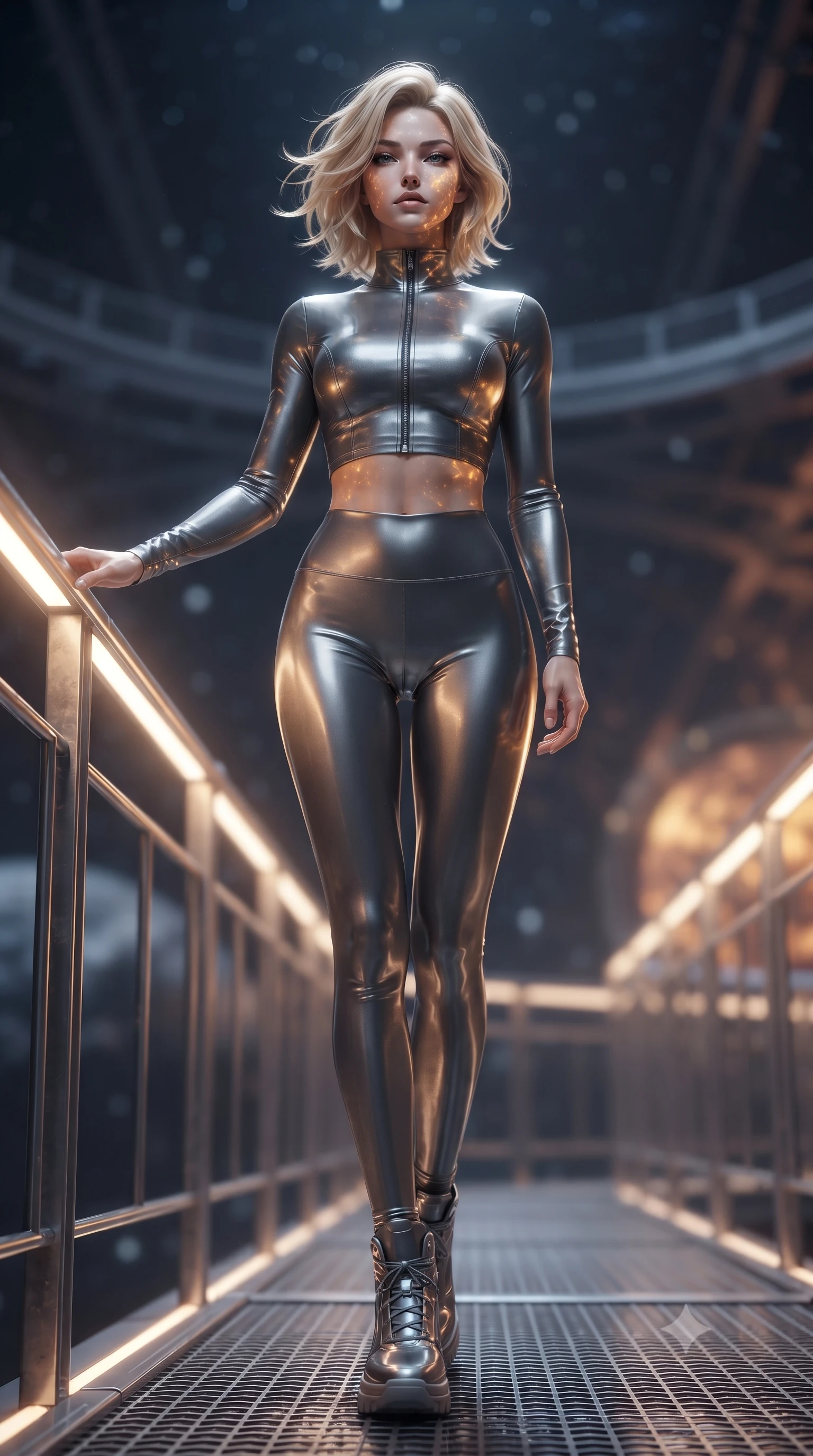 score_9, masterpiece, best quality, ultra-detailed, high-budget anime keyframe, editorial fashion photography, tasteful artistic composition, Caucasian woman. low angle full-body shot from head to toe showing her feet, filling the entire 9:16 vertical frame with her statuesque presence, stretching her vertical silhouette. standing in a tall, confident posture with one hand on a glowing metal railing, stretching her statuesque body, the background shows a soft-focus a citadel catwalk made of carbon-fiber grids and steel railings in space. She has an absolutely perfect, statuesque 8.5-heads proportion, an exceptionally tall and slender model-like female figure with impossibly long slender legs and an ultra-slim waist. sharp v-shaped jawline, high-bridge nose, intricate jewel-like eyes with depth, thick eyelashes, glossy lips with a natural sheen. wearing a tailored body-hugging high-neck activewear set of a zipped long-sleeve crop top and matching leggings in carbon-grey. starlight and the warm amber glow of planetary holograms on her form. ultra-reflective glossy finish, specular highlights, metallic sheen, high-contrast stereoscopic depth, volumetric dynamic lighting, 2k, ultra detail, master piece, 9:16 ratio