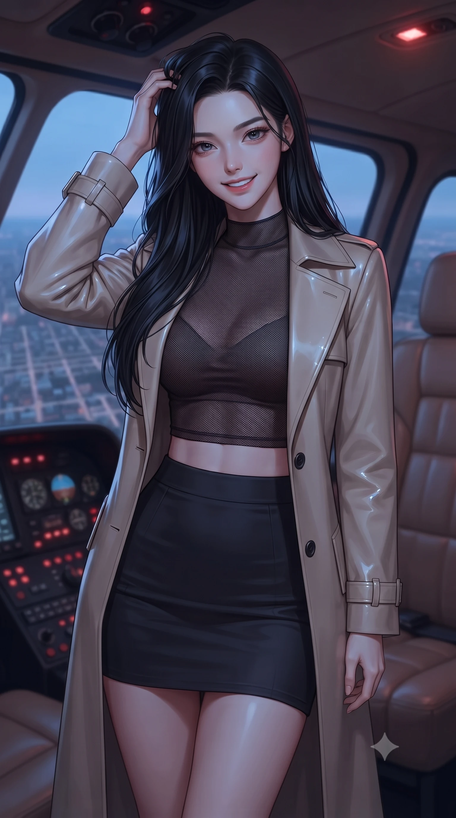 score_9, masterpiece, best quality, ultra-detailed, high-budget anime keyframe, editorial fashion photography, tasteful artistic composition, Korean woman. close-up cowboy shot from the waist and thighs up, the character dominates the composition, filling the frame with her large presence, background elements kept in soft focus. smiling with quiet, magnetic self-assurance directly into the camera, running a hand through her hair the background shows a soft-focus the leather seat cabin of a private helicopter looking at the city grid below. She has an exceptionally elegant, slender, and willowy female figure with an ultra-slim waist, a gracefully sculpted slender torso, and a refined silhouette. sharp v-shaped jawline, high-bridge nose, intricate jewel-like eyes with depth, thick eyelashes, glossy lips with a natural sheen. wearing a body-hugging semi-opaque dark mesh crop top paired with a mini skirt, layered with a tailored light trench coat. cool blue twilight key light contrasting with the warm red dashboard indicator lights. ultra-reflective glossy finish, specular highlights, metallic sheen, high-contrast stereoscopic depth, volumetric dynamic lighting, 2k, ultra detail, master piece, 9:16 ratio