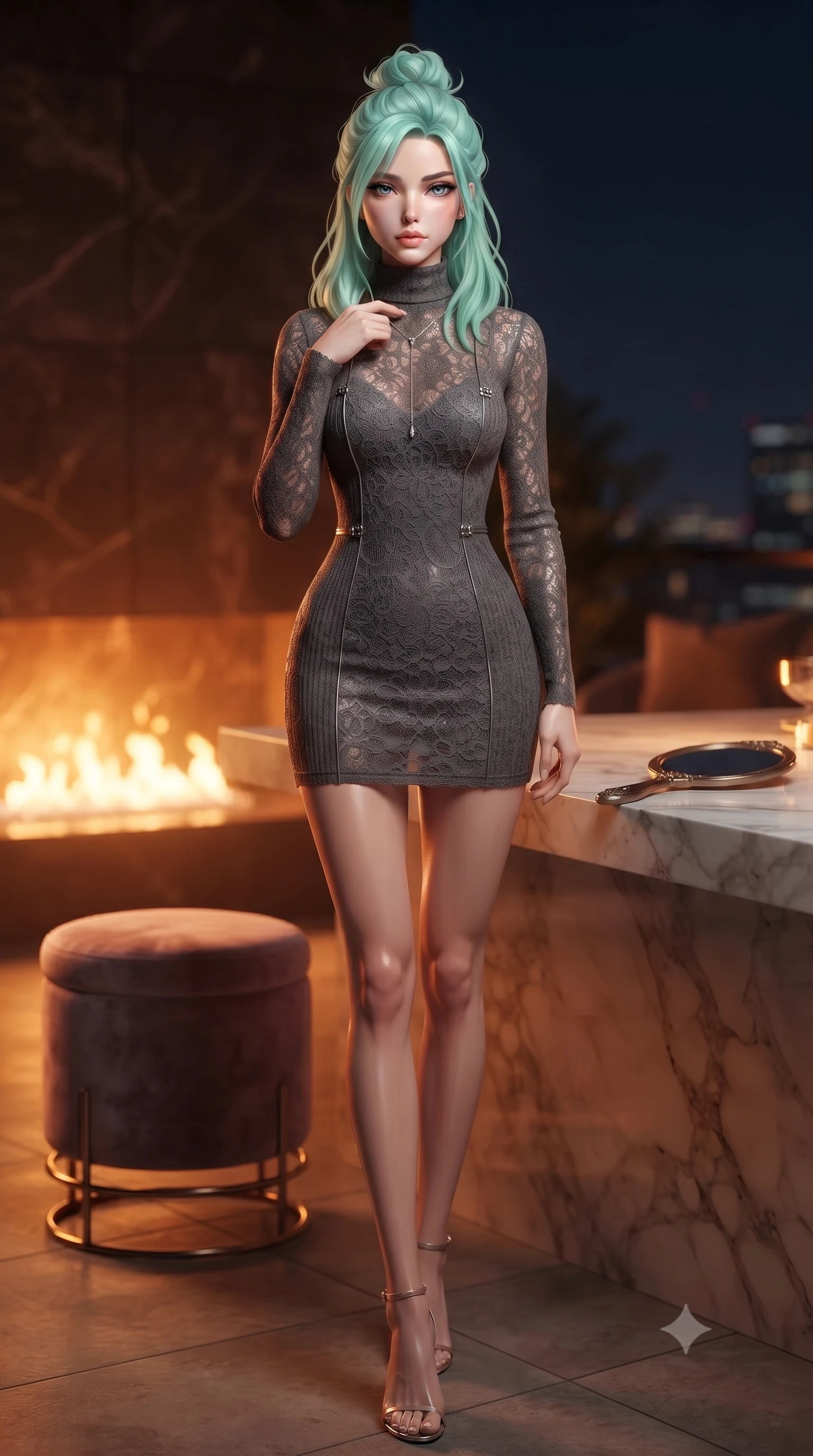 score_9, masterpiece, best quality, ultra-detailed, high-budget anime keyframe, editorial fashion photography, tasteful artistic composition, Japanese woman. low angle full-body shot from head to toe showing her feet, filling the entire 9:16 vertical frame with her statuesque presence, stretching her vertical silhouette. standing tall with statuesque grace, tracing a single finger down her necklace with a smoldering, magnetic expression set against a soft-focus background of inside an exclusive rooftop terrace with a velvet-wrapped stool and an antique hand mirror resting on a marble counter. She has an absolutely perfect, statuesque 8.5-heads proportion, an exceptionally tall and slender model-like female figure with impossibly long slender legs and an ultra-slim waist. sharp v-shaped jawline, high-bridge nose, intricate jewel-like eyes with depth, thick eyelashes, glossy lips with a natural sheen. wearing slim-fit charcoal delicate lace form-fitting ribbed knit turtleneck dress outlining her slender silhouette accented with delicate silver hardware. bathed in cozy, flickering fireplace light that paints the room in a warm orange wash. ultra-reflective glossy finish, specular highlights, metallic sheen, high-contrast stereoscopic depth, volumetric dynamic lighting, 2k, ultra detail, master piece, 9:16 ratio
