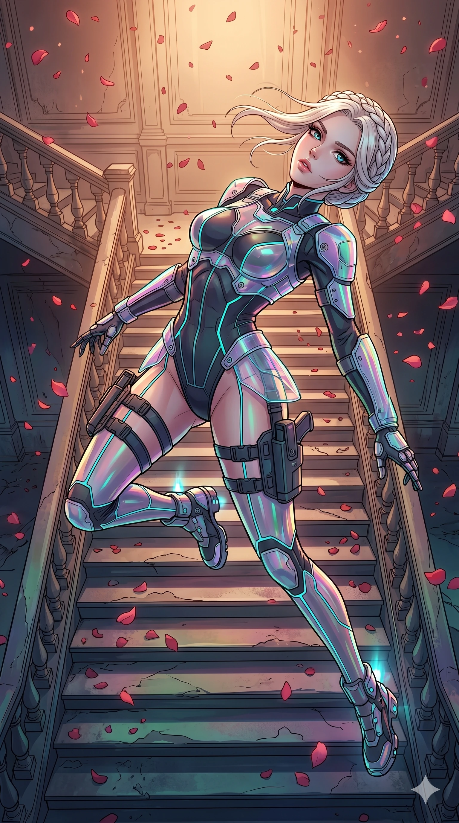 score_9, masterpiece, best quality, ultra-detailed, high-budget anime movie keyframe, cinematic anime lighting, intricate line art, Caucasian (strictly human ears) anime girl. Extreme high angle shot as she leaps towards the camera, filling the frame. collapsing onto a grand staircase as petals fall from the ceiling. She has an absolutely perfect 8-heads proportion, an exceptionally tall and slender female figure with an ultra-slim waist and impossibly long slender legs. strictly human anatomy, two legs only, no extra limbs, clearly defined legs and arms, perfect anatomy, perfect hands and fingers. sharp v-shaped jawline, high-bridge nose, intricate jewel-like eyes, thick eyelashes, glossy lips. Wearing Tech-Fantasy: Cybernetic tech-suit with glowing seams, translucent PVC over leotard, and modular tactical gear. The scene is illuminated by dramatic atmospheric lighting and vibrant color palettes. , 2k, ultra detail, master piece, 9:16 ratio