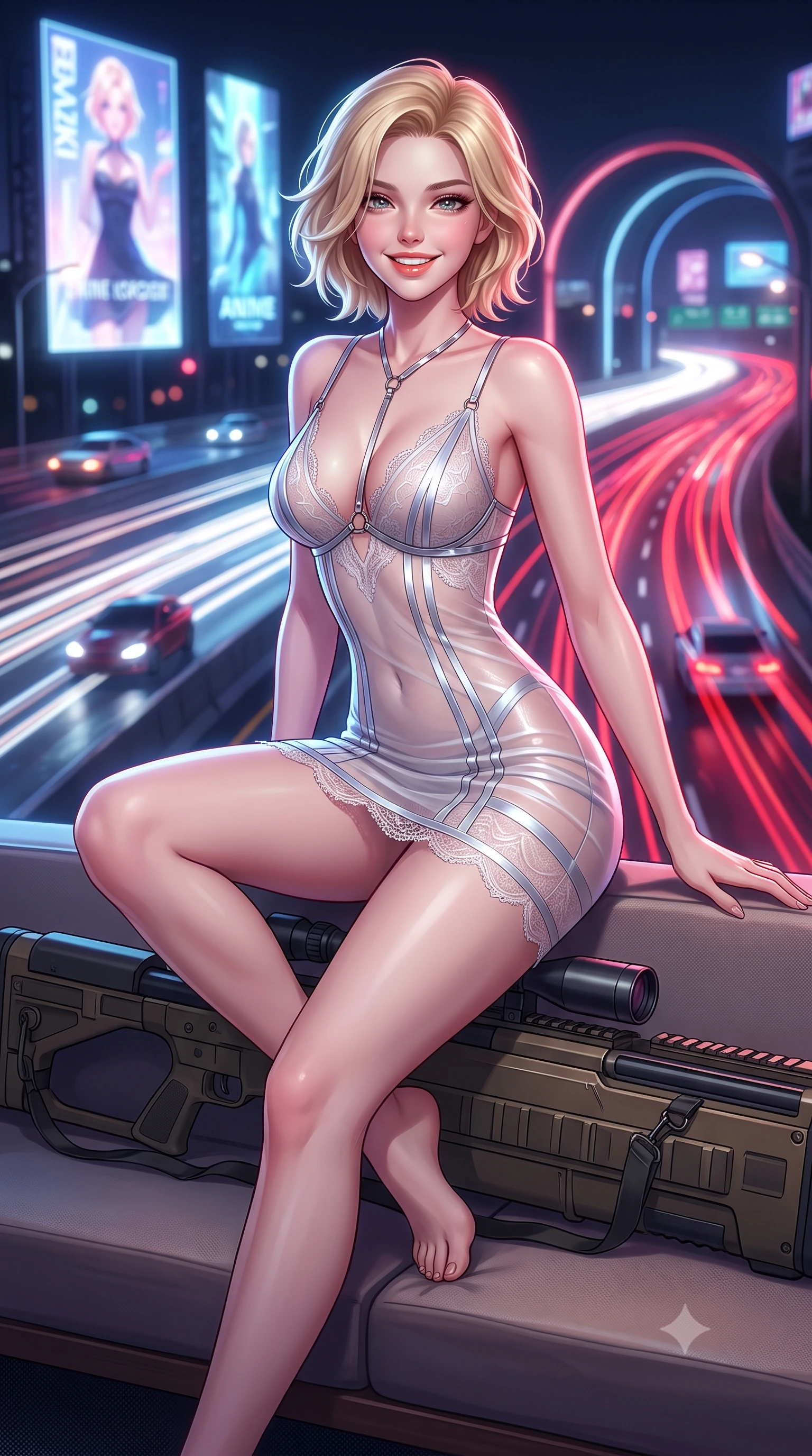 score_9, masterpiece, best quality, ultra-detailed, high-budget anime keyframe, semi-realistic 3D game render, editorial fashion photography, tasteful artistic composition, Caucasian woman. close-up cowboy shot from the waist and thighs up, the character dominates the composition, filling the frame with her large presence. perched sideways on the lounge seat, one knee drawn up to showcase her slender leg line while her arched back accentuates her feminine hip curve while lounging gracefully across the tactical sniper case propped on one elbow with legs extended, displaying her long slender limbs and statuesque hourglass silhouette against the highway lights. The background shows a soft-focus streaks of multi-tiered flying car headlights, massive 3D anime holographic billboards, and rain-slicked highway arches blurred into ruby, white, and electric blue bokeh. She has an exceptionally elegant, slender, and willowy female figure with an ultra-slim waist, flat toned midriff, narrow ribcage, and sculpted feminine hips creating an alluring, slim hourglass silhouette without bulk. sharp v-shaped jawline, high-bridge nose, intricate jewel-like sparkling eyes with depth, thick eyelashes, glossy parted lips with a natural peach sheen, bright cheerful beaming smile with an enchanting and coquettish sensual glint, exuding both youthful cute charm and seductive allure, flawlessly proportioned anatomical accuracy, strict slender model proportions, natural body alignment, perfectly sculpted long slender limbs, ultra-slim waistline, clean dynamic posture without body distortion. wearing a plunge-front sheer illusion tulle combat slip dress with liquid platinum ribbon stripes hugging her curves in iridescent mother-of-pearl and liquid molten silver, made of delicate semi-sheer French Chantilly lace with intricate eyelash edges, accented with a chrome-drop body harness subtly framing her dewy collarbones and spine, the liquid-tight tailored fabric clinging flawlessly to her narrow waist and rounded feminine hips, emphasizing every millimeter of her sculpted slim hourglass curves without any bulky heaviness. bathed in the continuous dynamic red-and-white illumination of flowing vehicle light trails mixed with neon billboard glow. highly saturated vibrant anime colors, detailed shading with soft gradients, rich glossy textures, high-contrast stereoscopic depth, volumetric dynamic lighting, master piece, 9:16 ratio