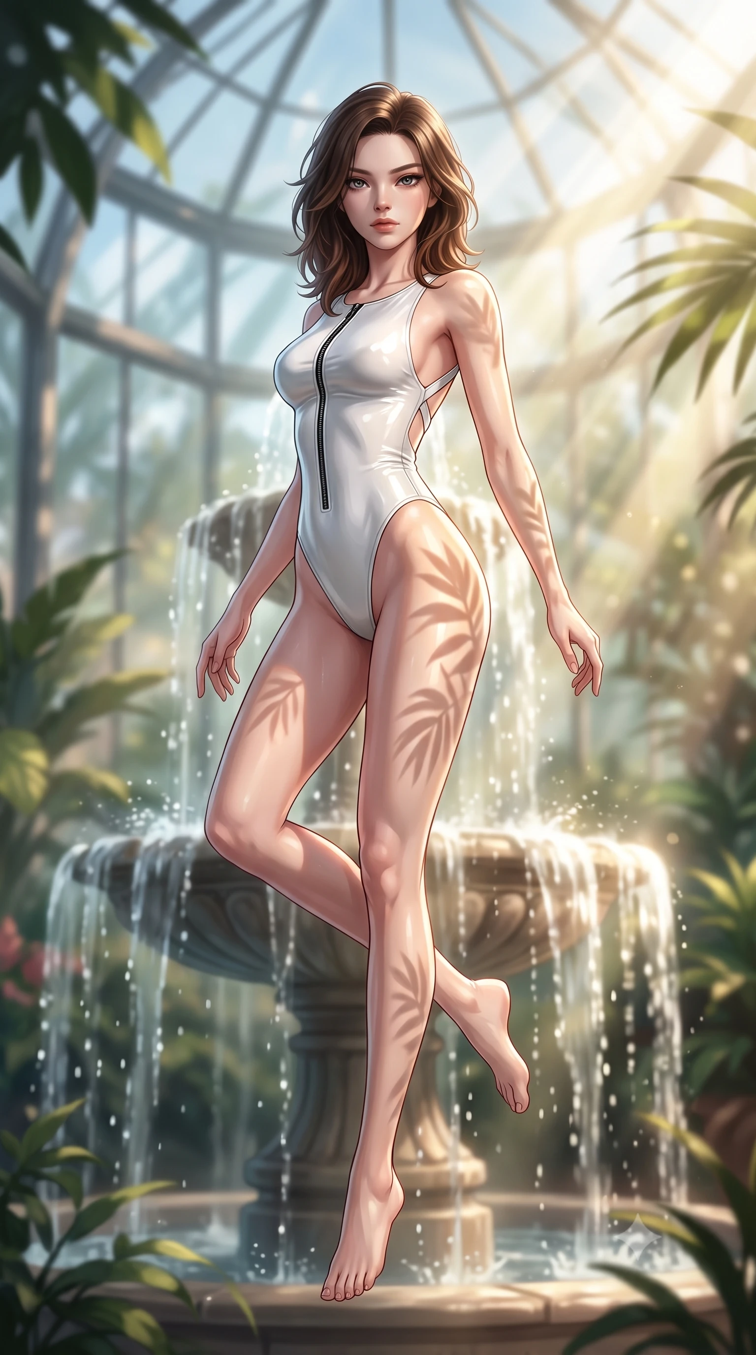 score_9, masterpiece, best quality, ultra-detailed, high-budget anime keyframe, semi-realistic 3D game render, editorial fashion photography, tasteful artistic composition, Korean woman. low angle full-body shot from head to toe showing her feet, filling the entire 9:16 vertical frame with her statuesque presence, stretching her vertical silhouette. performing an alluring mid-air vault with flawless poise, looking directly into the camera with smoldering intensity while pivoting dynamically beside a cascading glasshouse fountain catching intense volumetric sunbeams. The composition keeps background elements in soft focus with creamy bokeh. streaming sunbeams and fountain water droplets softened in a dreamy, warm depth of field. She has an absolutely perfect, statuesque 8.5-heads proportion, an exceptionally tall and slender model-like female figure with impossibly long slender legs, a toned flat midriff, and an ultra-slim waist. sharp v-shaped jawline, high-bridge nose, intricate jewel-like eyes with depth, thick eyelashes, glossy lips with a natural sheen, flawlessly proportioned anatomical accuracy, strict slender model proportions, natural body alignment, perfectly sculpted long slender limbs, ultra-slim waistline, clean dynamic posture without body distortion. wearing a glossy white second-skin latex bodysuit with high-thigh cuts, exposed clavicle neckline, and gleaming zipper details in high-gloss monochrome white and sharp black contrast, made of liquid metal jersey that clings flawlessly to every contour of her build, complemented by criss-cross back straps highlighting her completely bare spine, the glove-like aerodynamic second-skin fit tightly clinging to her ultra-slender waist and athletic curves without adding bulk, accentuating her razor-sharp statuesque lines and slim hourglass silhouette. illuminated by fresh botanical ambient radiance with organic leaf-shadow stencils on her skin. highly saturated vibrant anime colors, detailed shading with soft gradients, rich glossy textures, high-contrast stereoscopic depth, volumetric dynamic lighting, master piece, 9:16 ratio