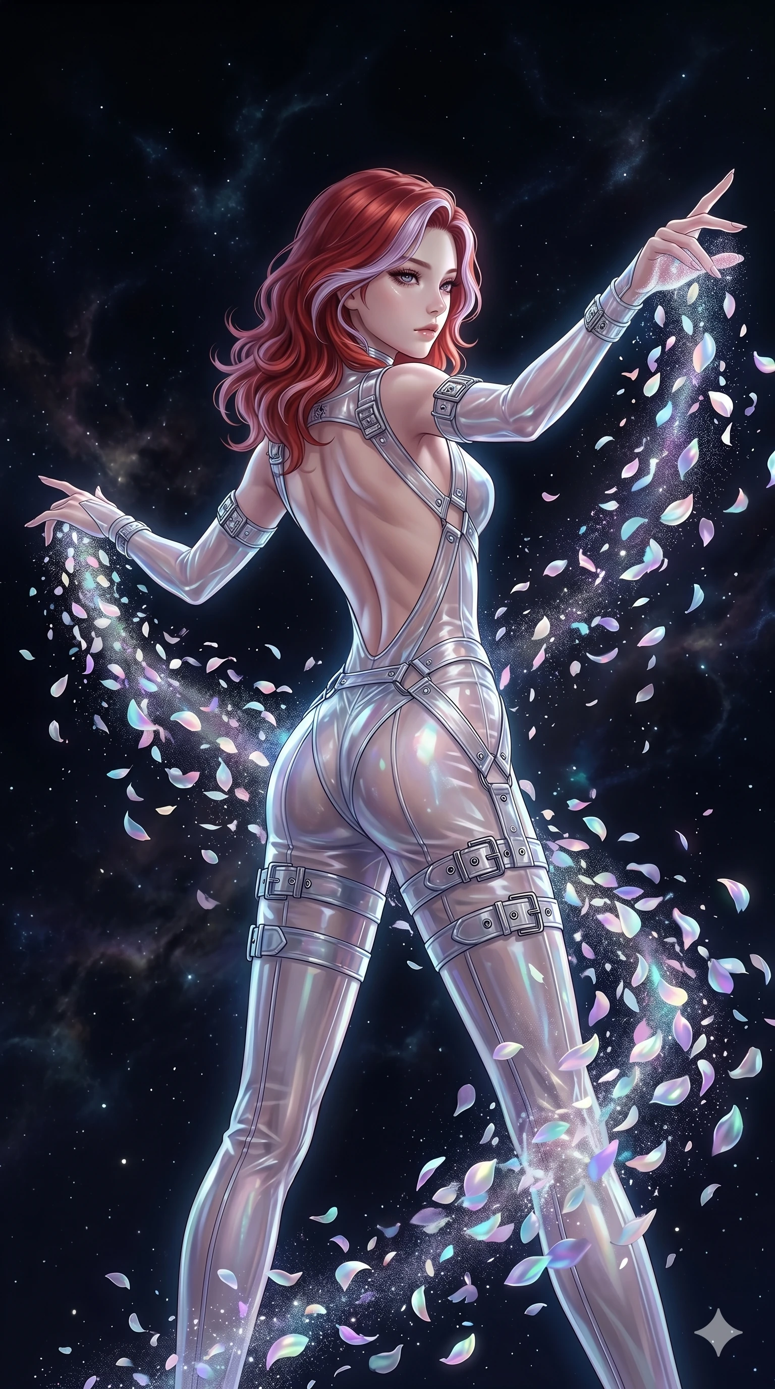 score_9, masterpiece, best quality, ultra-detailed, High-budget Anime Keyframe, East Asian woman. Low angle cowboy shot filling the entire 9:16 frame with her statuesque presence. Scenario 211: Dissolving into a cloud of iridescent silk petals in a void. Her presence is magnetic and overpowering in this high-budget anime scene. Outfit 211: A translucent PVC dangerous with a backless design and metallic buckles. The clothing is designed to emphasize her exceptionally tall and slender 8-heads proportion. 8-heads proportion, towering silhouette, ultra-slim waist. sharp v-shaped jawline, intricate jewel-like eyes with depth, thick eyelashes, glossy lips. 2k, ultra detail, master piece, 9:16 ratio