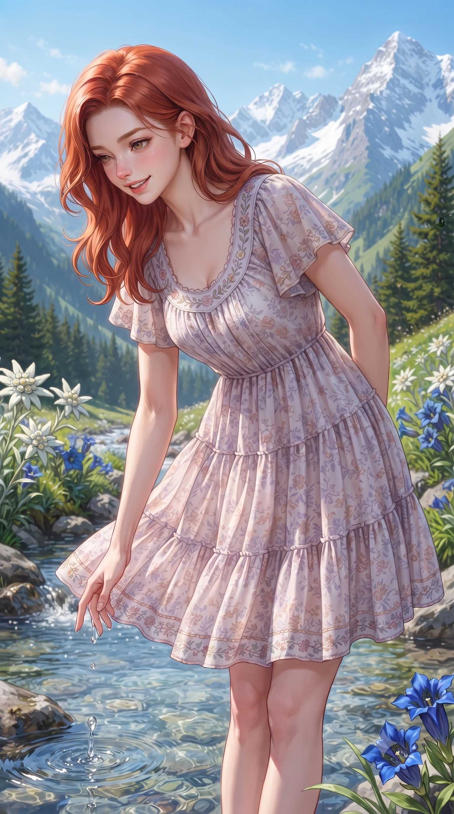 score_9, masterpiece, best quality, ultra-detailed, high-budget anime keyframe, editorial fashion photography, tasteful artistic composition, Caucasian woman. close-up cowboy shot from the waist and thighs up, the character dominates the composition, filling the frame with her large presence. clasping her hands behind her back and leaning forward playfully with a sweet, innocent girlhood expression while dipping her fingertips playfully into a crystal-clear glacial mountain stream, her expression sparkling with pure delight. The surrounding environment is rendered in vivid detail and crisp panoramic clarity. sharp snowcapped Alpine ridge lines, vibrant edelweiss and blue gentian petals, and green pine slopes in crisp panoramic clarity. She has an exceptionally elegant, slender, and willowy female figure with an ultra-slim waist, a gracefully sculpted slender torso, toned flat midriff, and a refined slim silhouette. sharp v-shaped jawline, high-bridge nose, intricate jewel-like eyes with depth, thick eyelashes, glossy lips with a natural sheen, pure and lovely fresh girlhood expression, flawlessly proportioned anatomical accuracy, strict slender model proportions, natural body alignment, perfectly sculpted long slender limbs, ultra-slim waistline, clean dynamic posture without body distortion. wearing a breezy tiered chiffon sundress with delicate floral print and short flutter sleeves in subtle lilac violet and soft rose gold, crafted from soft breathable linen that flutters gently in the breeze, complemented by subtle floral embroidery along the neckline and hem, the soft airy drape swaying gracefully with her dynamic movements, emphasizing her tall willowy build and slim waistline. surrounded by a fresh, uplifting, and enchantingly pure alpine girlhood aura. ultra-reflective glossy finish, specular highlights, rich natural textures, high-contrast stereoscopic depth, volumetric dynamic lighting, 2k, ultra detail, master piece, 9:16 ratio