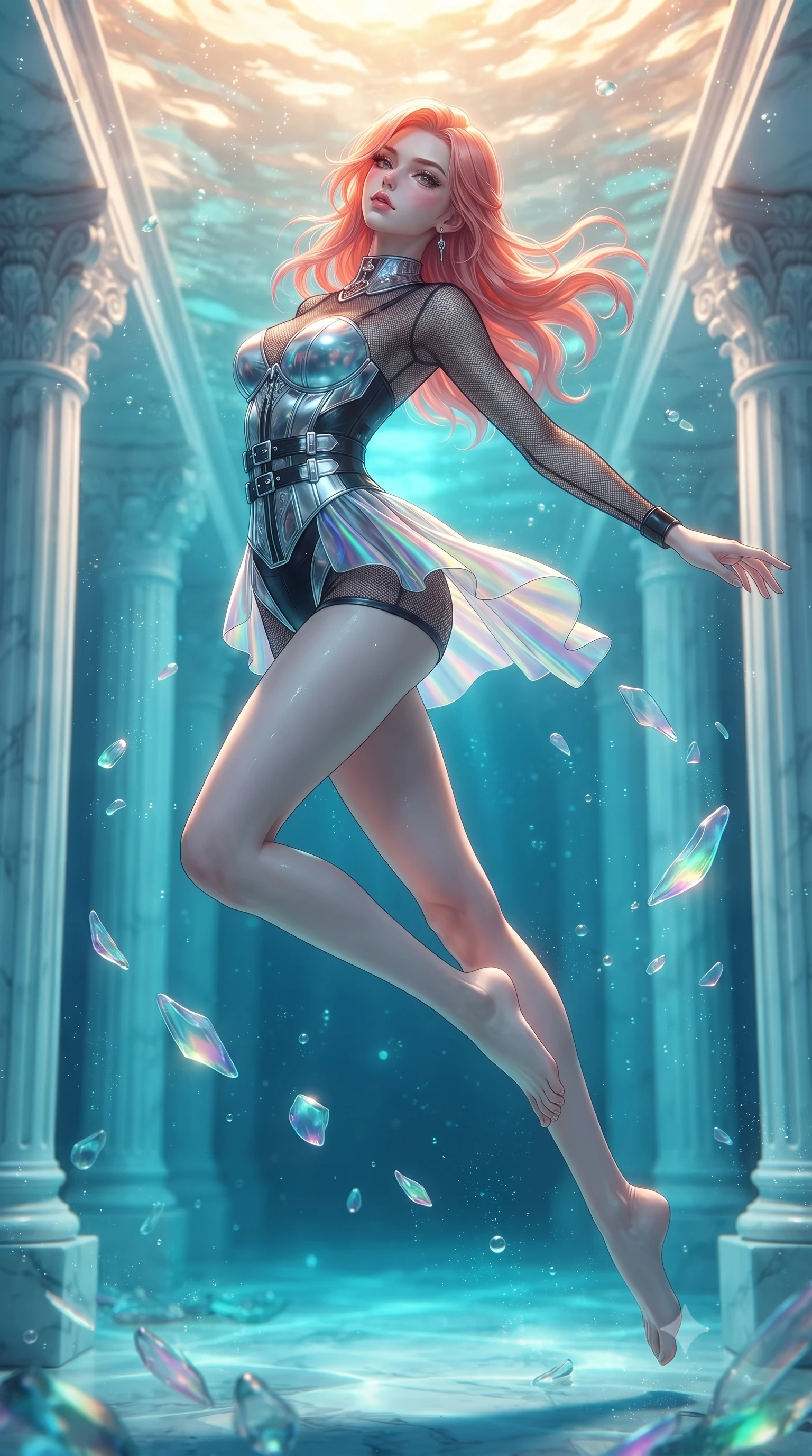 score_9, masterpiece, best quality, ultra-detailed, high-budget anime keyframe, editorial fashion photography, tasteful artistic composition, Japanese woman. low angle full-body shot from head to toe showing her feet, filling the entire 9:16 vertical frame with her statuesque presence, stretching her vertical silhouette. leaping gracefully through the environment with statuesque elegance and long slender legs floating gracefully through a sunken white marble colonnade underwater, translucent sea glass fragments drifting gracefully around her. She has an absolutely perfect, statuesque 8.5-heads proportion, an exceptionally tall and slender model-like female figure with impossibly long slender legs and an ultra-slim waist. sharp v-shaped jawline, high-bridge nose, intricate jewel-like eyes with depth, thick eyelashes, glossy lips with a natural sheen. wearing a chrome-plated structured bodice worn over a sheer mesh top and micro-shorts in matte black and polished silver, crafted from iridescent chiffon that shifts colors in the light, detailed with polished silver buckles along the waistline, the form-contouring material highlighting her ultra-slim waist and long lines. illuminated by luminous aqua bioluminescence and warm golden top lighting. highly saturated vibrant anime colors, detailed shading with soft gradients, rich glossy textures, high-contrast stereoscopic depth, volumetric dynamic lighting, master piece, 9:16 ratio