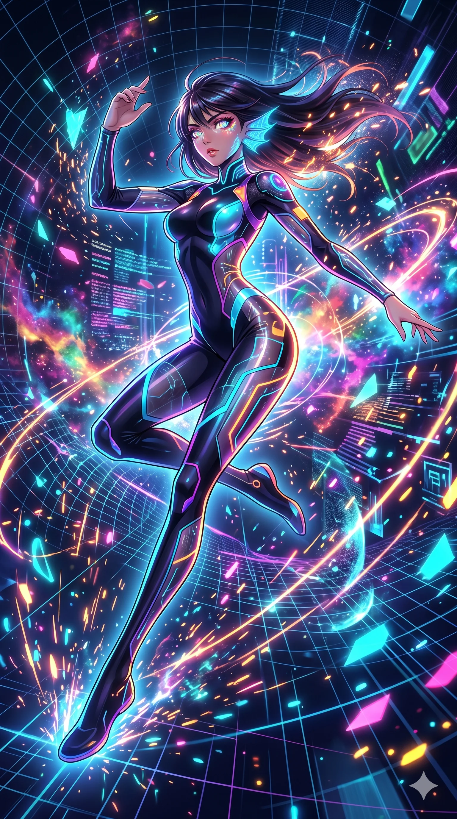 score_9, masterpiece, best quality, ultra-detailed, Set A: High-budget Anime Keyframe, Japanese woman. Low angle cowboy shot filling the entire 9:16 frame with her statuesque presence. Leaping through a virtual reality void, while her eyes glow with 250 different colors and surrounded by glowing energy sparks. She has an absolutely perfect 8-heads proportion, an exceptionally tall and slender female figure with impossibly long slender legs and an ultra-slim waist. Sharp v-shaped jawline, high-bridge nose, intricate jewel-like eyes with depth, thick eyelashes, glossy lips with a natural sheen. Wearing Neon-lit scuba suit with transparent panels and bioluminescent glowing gills. Cinematic lighting, vibrant colors, dramatic shadows, 2k, ultra detail, master piece, 9:16 ratio