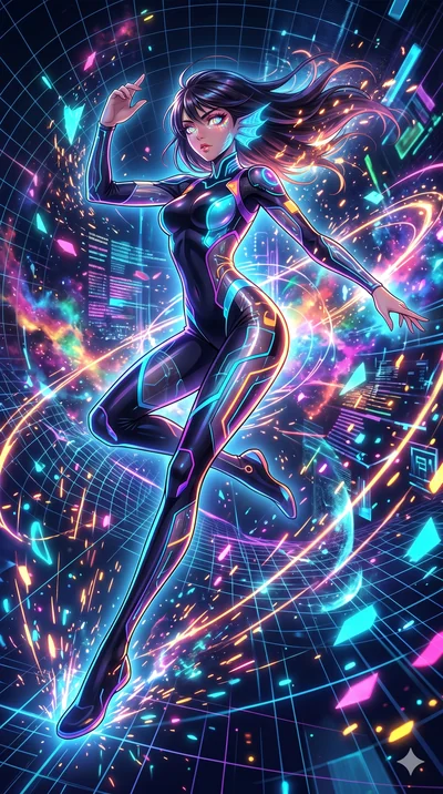 score_9, masterpiece, best quality, ultra-detailed, Set A: High-budget Anime Keyframe, Japanese woman. Low angle cowboy shot filling the entire 9:16 frame with her statuesque presence. Leaping through a virtual reality void, while her eyes glow with 