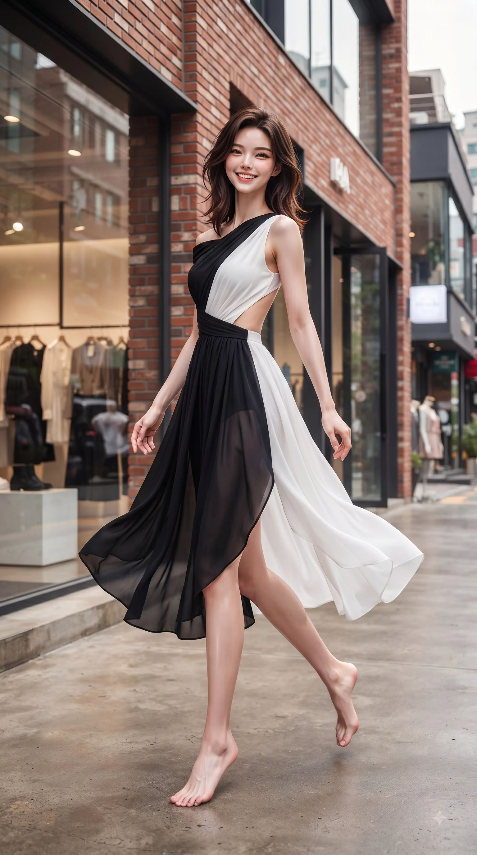 score_9, masterpiece, best quality, ultra-detailed, high-budget anime keyframe, editorial fashion photography, tasteful artistic composition, Korean woman. low angle full-body shot from head to toe showing her feet, filling the entire 9:16 vertical frame with her statuesque presence, stretching her vertical silhouette. performing a cheerful mid-motion turn with flawless poise, her radiant smile capturing fresh girlhood energy while pivoting gracefully outside a luxury fashion popup store with a captivating bright smile. The surrounding environment is rendered in vivid detail and crisp panoramic clarity. vibrant Seongsu boutique storefronts, brick facade textures, and modern glass windows in sharp clarity. She has an absolutely perfect, statuesque 8.5-heads proportion, an exceptionally tall and slender model-like female figure with impossibly long slender legs and an ultra-slim waist. sharp v-shaped jawline, high-bridge nose, intricate jewel-like eyes with depth, thick eyelashes, glossy lips with a natural sheen, flawlessly proportioned anatomical accuracy, natural body alignment, perfectly sculpted elegant limbs, clean dynamic posture without body distortion. wearing an asymmetrical draped chiffon midi dress with a sleek shoulder accent in sleek jet black and pure white contrast, crafted from lightweight fluid chiffon, complemented by clean architectural cutouts along her slender torso, the glove-like fit emphasizing her statuesque silhouette during motion. surrounded by a lively, stylish, and fresh city atmosphere. ultra-reflective glossy finish, specular highlights, metallic sheen, high-contrast stereoscopic depth, volumetric dynamic lighting, 2k, ultra detail, master piece, 9:16 ratio