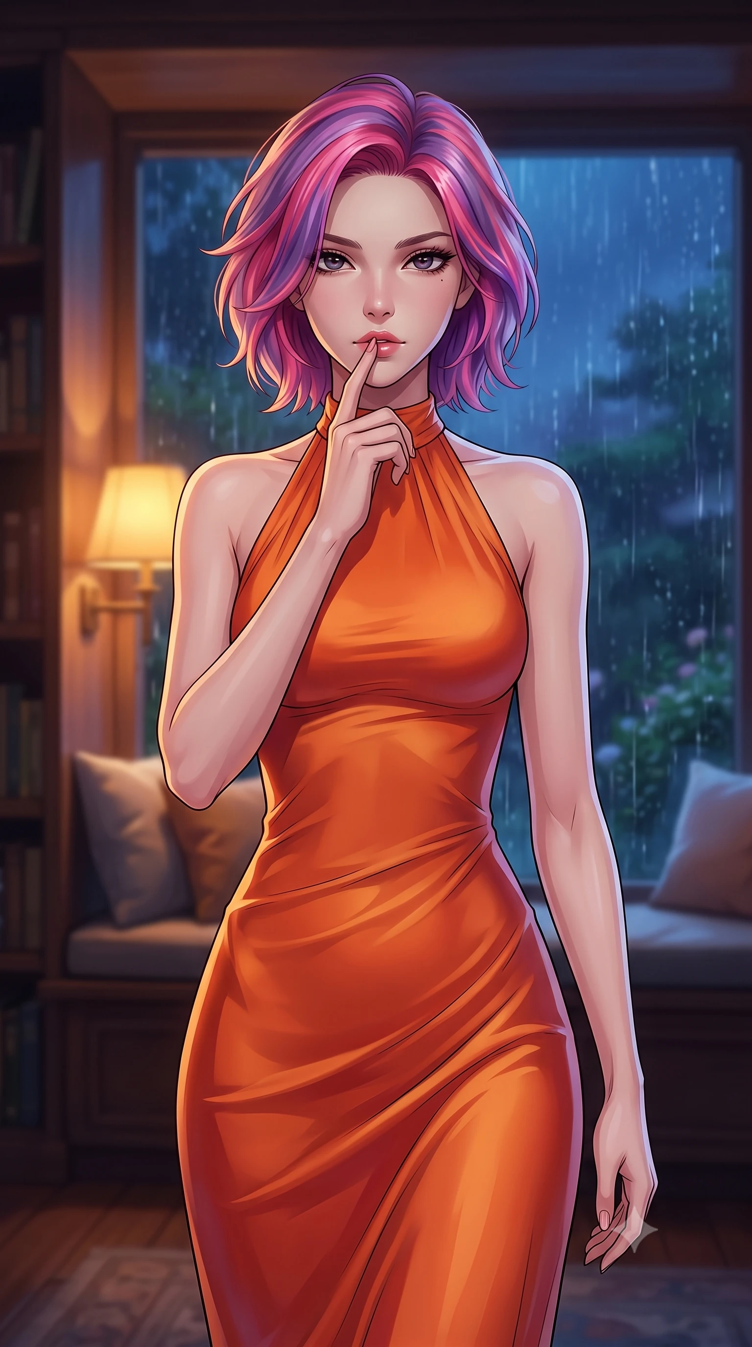 score_9, masterpiece, best quality, ultra-detailed, high-budget anime keyframe, tasteful artistic composition, Caucasian woman. close-up cowboy shot from the waist and thighs up, the character dominates the composition, filling the frame with her large presence, background elements kept in soft focus. pressing one finger to her bottom lip in a thoughtful, seductive gesture under the warm sun the background shows a soft-focus a cozy bay window seat in a private library, overlooking a rain-streaked garden at night. She has an exceptionally elegant, slender, and willowy female figure with an ultra-slim waist, a gracefully sculpted slender torso, and a refined silhouette. sharp v-shaped jawline, high-bridge nose, intricate jewel-like eyes with depth, thick eyelashes, glossy lips with a natural sheen. wearing a form-contouring form-fitting liquid silk halter-neck maxi dress in sunset orange, draped elegantly to highlight her slender frame. soft amber lamplight contrasting with the cool blue midnight twilight. highly saturated vibrant anime colors, cel-shading, 2d style, master piece, 9:16 ratio
