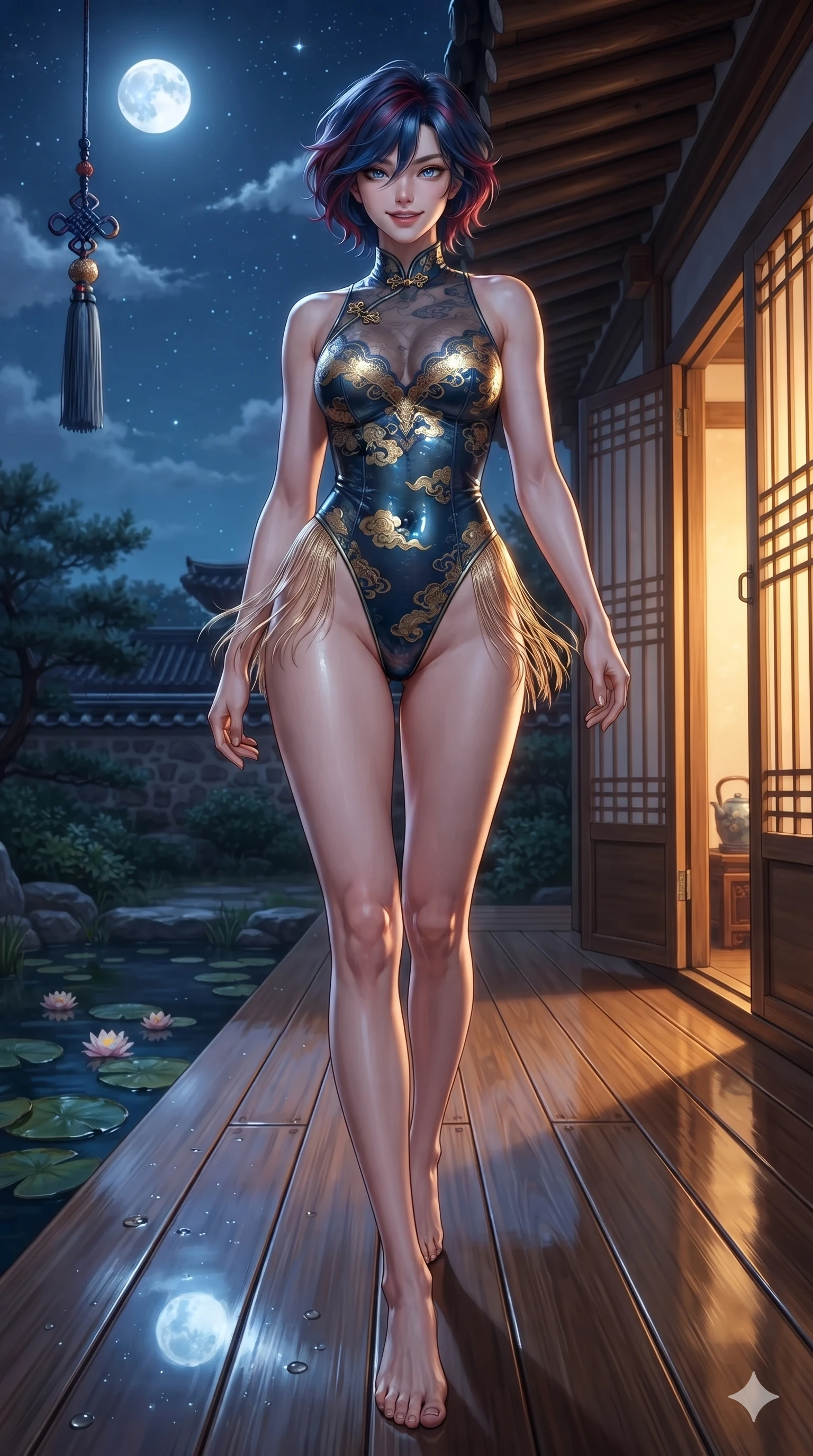 score_9, masterpiece, best quality, ultra-detailed, high-budget anime keyframe, editorial fashion photography, tasteful artistic composition, Korean woman. low angle full-body shot from head to toe showing her feet, filling the entire 9:16 vertical frame with her statuesque presence, stretching her vertical silhouette. striding across the moonlit timber deck as nocturnal breezes whip her garments open, accentuating her long slender legs and curvy hips while stepping slowly along the polished wooden decking with hypnotic grace, hips swaying in an alluring sensual rhythm that accentuates her curvy hourglass silhouette. The surrounding environment is rendered in vivid detail and crisp panoramic clarity: sharp polished timber floor reflections, traditional norigae knot silk weave, and floating water lily pad contours in deep focus. She has an absolutely perfect, statuesque 8.5-heads proportion, an exceptionally tall and slender model-like female figure with impossibly long slender legs, an ultra-slim waist, a flat toned midriff, narrow delicate ribcage, and beautifully sculpted feminine hips creating a graceful, slim hourglass silhouette without any bulky heaviness. sharp v-shaped jawline, high-bridge nose, sparkling eyes with hypnotic seductive depth, thick curled eyelashes, glossy parted lips with a natural dewy peach sheen, alluring bedroom-eyes with an enchanting coquettish smile, exuding magnetic siren charisma and sophisticated glamour, flawlessly proportioned anatomical accuracy, strict slender model proportions, natural body alignment, perfectly sculpted long slender limbs, ultra-slim waistline, clean dynamic posture without body distortion. wearing a provocative sheer-illusion nanotech lace bodysuit with traditional cloud embroidery flocking and high-cut leg openings in deep ocean cobalt and shimmering gold leaf, crafted from wet-look high-gloss vinyl fabric with dazzling specular surface reflections, finished with delicate silk fringe trim fluttering along her hip line with kinetic charm, the form-fitting cut adhering flawlessly to her sculpted flat midriff and slender torso, emphasizing her long leg lines and perfectly proportioned willowy build. bathed in soft celestial moonlight combined with warm golden light spilling through open veranda doors. ultra-reflective glossy finish, specular highlights, rich textural contrasts, high-contrast stereoscopic depth, volumetric dynamic lighting, 2k, ultra detail, master piece, 9:16 ratio