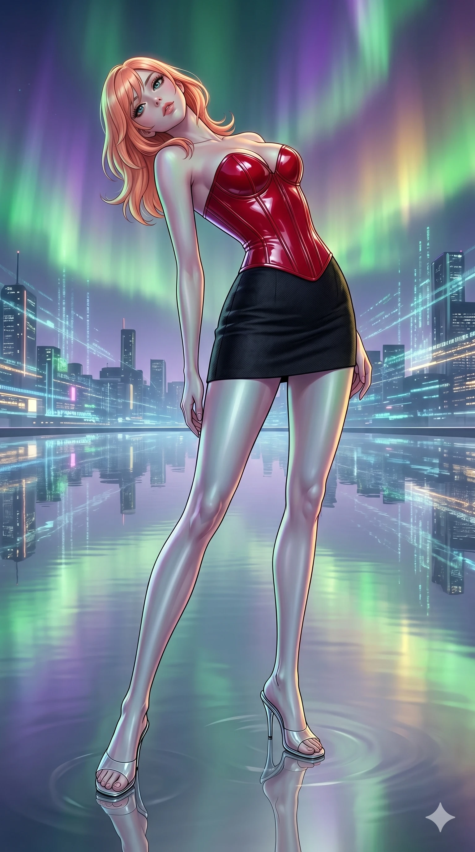 score_9, masterpiece, best quality, ultra-detailed, high-budget anime keyframe, editorial fashion photography, tasteful artistic composition, Japanese woman. low angle full-body shot from head to toe showing her feet, filling the entire 9:16 vertical frame with her statuesque presence, stretching her vertical silhouette. Arching her back in a graceful controlled backward pose at the edge of a cybernetic lake where the water is a perfectly reflective silver mirror. She has an absolutely perfect 8-heads proportion, an exceptionally tall and slender female figure with impossibly long slender legs and an ultra-slim waist. V-shaped jawline, high-bridge nose, intricate jewel-like eyes with depth, thick eyelashes, glossy lips with a natural sheen. wearing a structured corset in high-gloss cherry red latex-effect fabric with a sweetheart neckline, paired with a high-waist tailored black mini-skirt. illuminated by a shifting aurora palette of green, violet, and gold from above, wrapping her in color. 2k, ultra detail, master piece, 9:16 ratio