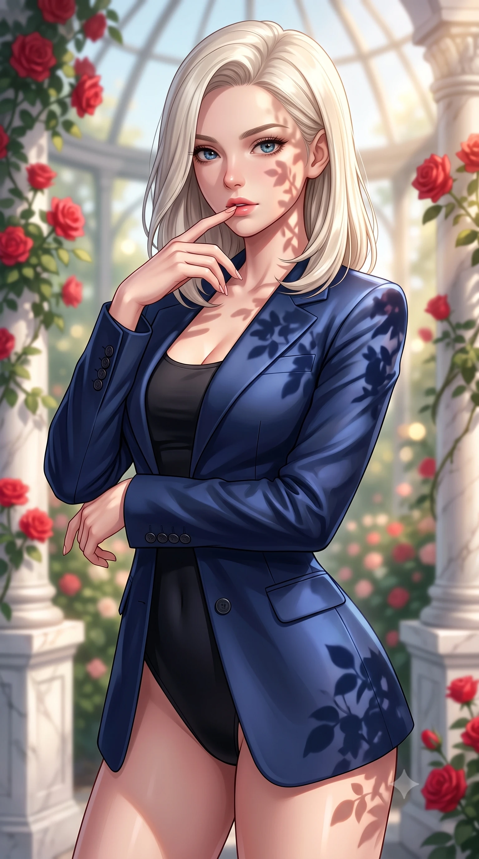 score_9, masterpiece, best quality, ultra-detailed, high-budget anime keyframe, editorial fashion photography, tasteful artistic composition, Caucasian woman. close-up cowboy shot from the waist and thighs up, the character dominates the composition, filling the frame with her large presence, background elements kept in soft focus. pressing one finger to her bottom lip in a thoughtful, seductive gesture under the warm sun the background shows a soft-focus a secluded rose garden glasshouse with climbing red roses and white marble pillars. She has an exceptionally elegant, slender, and willowy female figure with an ultra-slim waist, a gracefully sculpted slender torso, and a refined silhouette. sharp v-shaped jawline, high-bridge nose, intricate jewel-like eyes with depth, thick eyelashes, glossy lips with a natural sheen. wearing a tailored sleek tailored blazer in navy blue worn closed over a tight-fitting black bodysuit. soft morning sun rays casting elegant shadows of leaves and petals. highly saturated vibrant anime colors, detailed shading with soft gradients, rich glossy textures, high-contrast stereoscopic depth, volumetric dynamic lighting, master piece, 9:16 ratio