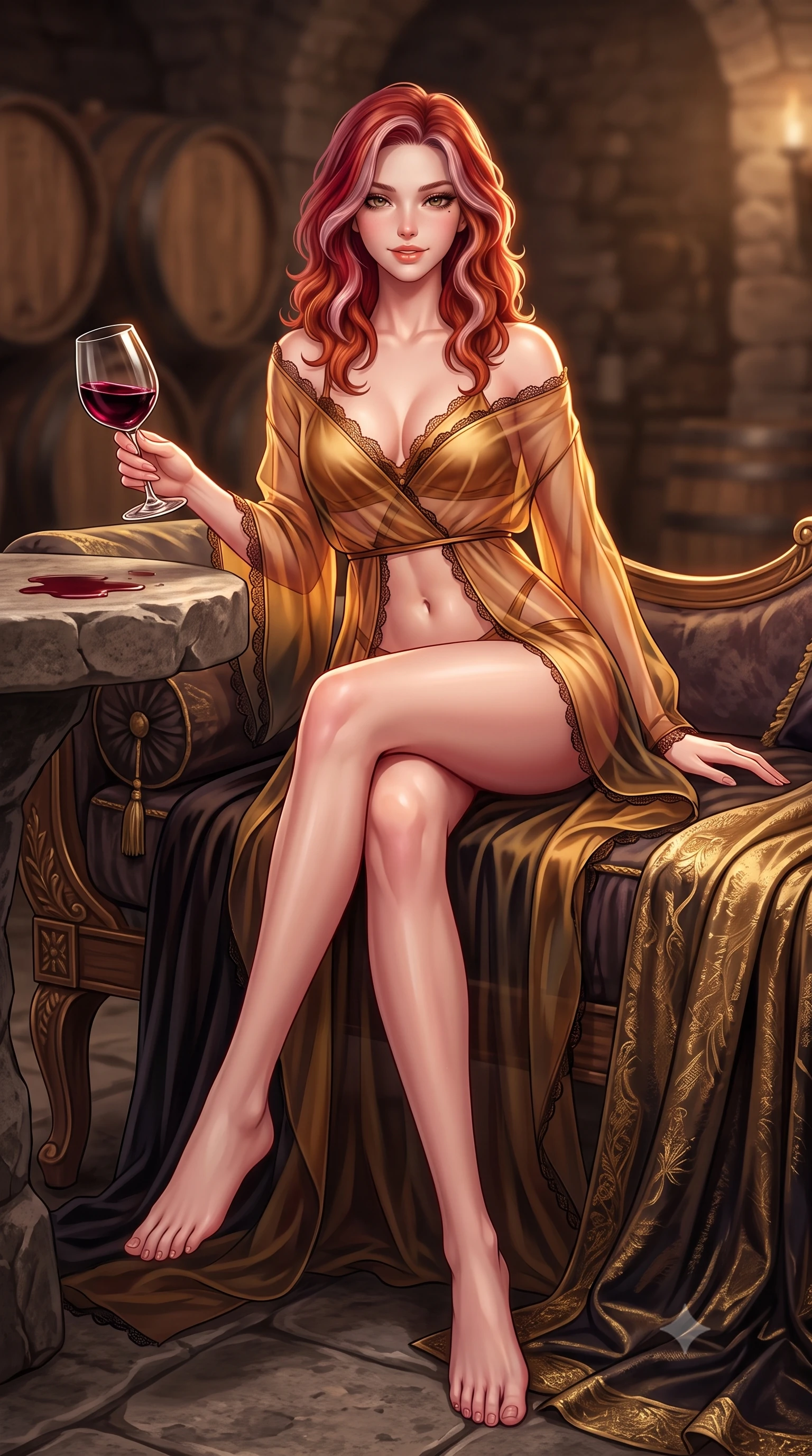 score_9, masterpiece, best quality, ultra-detailed, high-budget anime keyframe, semi-realistic 3D game render, editorial fashion photography, tasteful artistic composition, Caucasian woman. low angle full-body shot from head to toe showing her feet, filling the entire 9:16 vertical frame with her statuesque presence, stretching her vertical silhouette. lounging on the lavish daybed with legs crossed and hips angled toward the camera, displaying her toned midriff and long slender limbs with effortless siren poise while leaning over the rough stone tasting table with hips cocked back, swirling a crystal glass of dark red wine with smoldering bedroom-eyes. The background shows a soft-focus dusty oak barrels softened in atmospheric subterranean shallow focus. She has an absolutely perfect, statuesque 8.5-heads proportion, an exceptionally tall and slender model-like female figure with impossibly long slender legs, an ultra-slim waist, a flat toned midriff, narrow delicate ribcage, and beautifully sculpted feminine hips creating a graceful, slim hourglass silhouette without any bulky heaviness. sharp v-shaped jawline, high-bridge nose, sparkling eyes with hypnotic seductive depth, thick curled eyelashes, glossy parted lips with a natural dewy peach sheen, alluring bedroom-eyes with an enchanting coquettish smile, exuding magnetic siren charisma and sophisticated glamour, flawlessly proportioned anatomical accuracy, strict slender model proportions, natural body alignment, perfectly sculpted long slender limbs, ultra-slim waistline, clean dynamic posture without body distortion. wearing a delicate sheer organza kimono-style architectural wrap slipping off bare shoulders over a matching satin bralette in warm amber honey and antique gold leaf with dark shadow gradients, crafted from fluid liquid silk satin that clings smoothly to every curve with a dewy sheen, finished with scalloped eyelash lace trim framing her sweetheart neckline with intimate elegance, the precision-cut side openings and low-back scoop framing her graceful spine and the sensual sweep of her slim, toned hips. illuminated by wine puddle specular bounce and sharp warm-amber rim lights sculpting her jawline, flat midriff, and voluptuous hip curves. highly saturated vibrant anime colors, detailed shading with soft gradients, rich glossy textures, high-contrast stereoscopic depth, volumetric dynamic lighting, master piece, 9:16 ratio