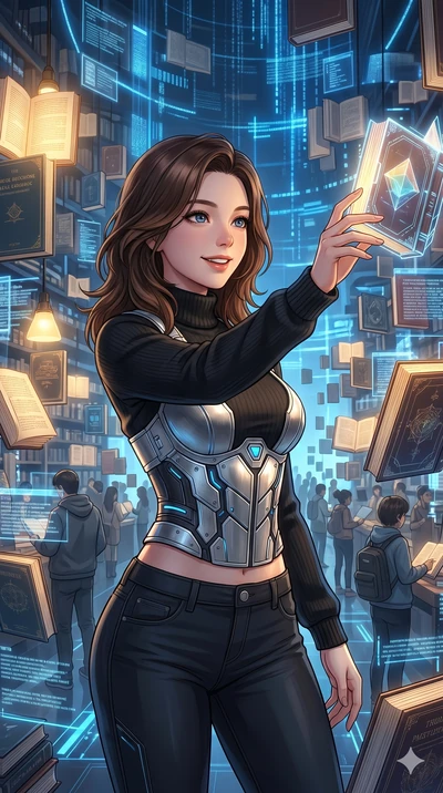 score_9, masterpiece, best quality, ultra-detailed, high-budget anime keyframe, Korean woman. Upper body close-up from the thighs up, character filling the screen for maximum presence. Inside a virtual reality library with floating books, reaching ou