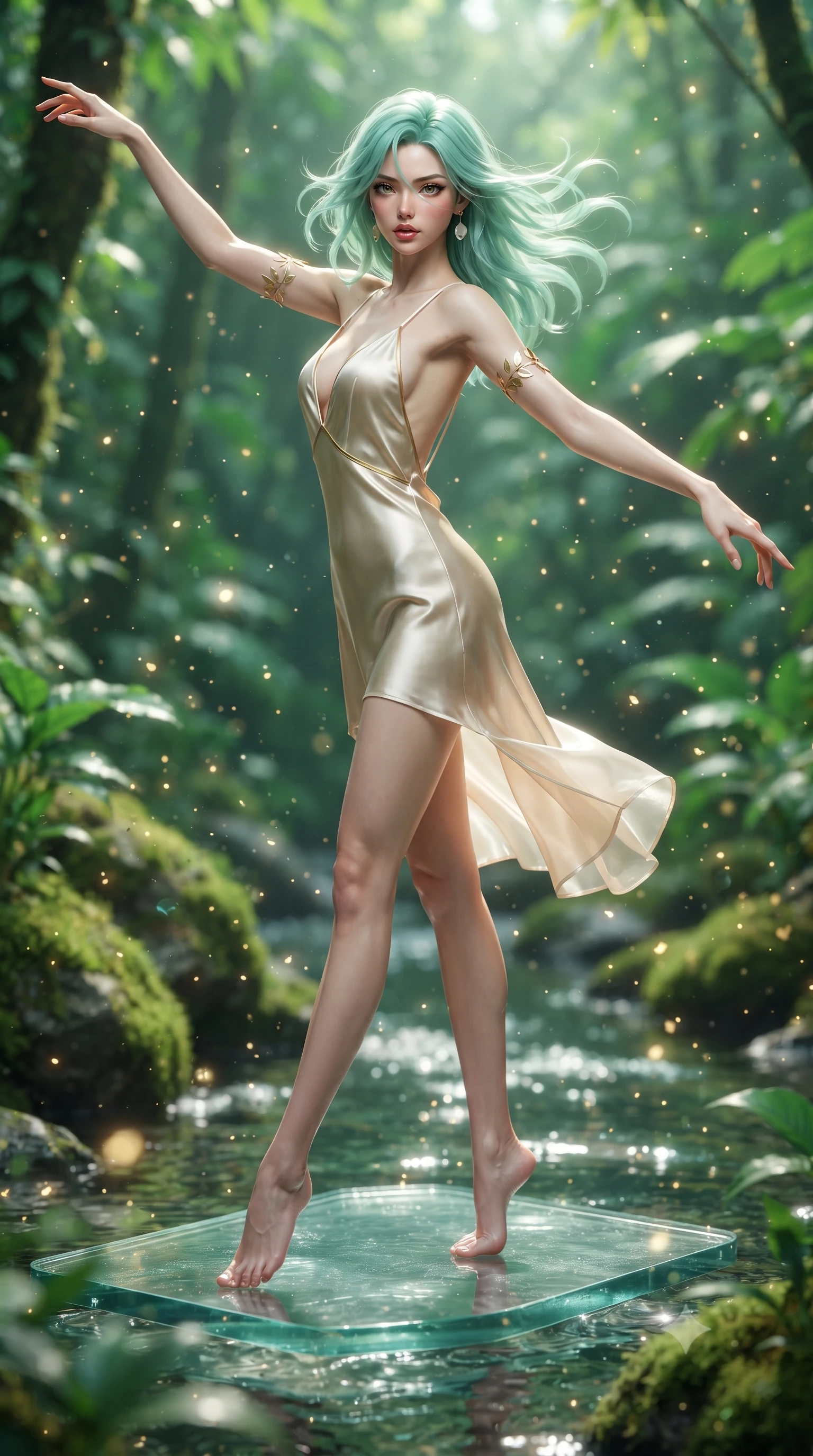 score_9, masterpiece, best quality, ultra-detailed, high-budget anime keyframe, editorial fashion photography, tasteful artistic composition, Japanese woman. low angle full-body shot from head to toe showing her feet, filling the entire 9:16 vertical frame with her statuesque presence, stretching her vertical silhouette. pivoting dynamically with supreme athletic balance, her impossibly long slender legs and ultra-slim waist creating a mesmerizing vertical line while standing poised on a floating glass stepping stone above the emerald biosphere, displaying her flawless slender proportions. The composition keeps background elements in soft focus with creamy bokeh. sparkling water splash caustics and floating pollen scattering luminous glowing light motes. She has an absolutely perfect, statuesque 8.5-heads proportion, an exceptionally tall and slender model-like female figure with impossibly long slender legs, a toned flat midriff, and an ultra-slim waist. sharp v-shaped jawline, high-bridge nose, intricate jewel-like eyes with depth, thick eyelashes, glossy parted lips with a natural sheen, intensely captivating and seductive expression, flawlessly proportioned anatomical accuracy, strict slender model proportions, natural body alignment, perfectly sculpted long slender limbs, ultra-slim waistline, clean dynamic posture without body distortion. wearing a radiant champagne silk slip dress with an ultra-deep plunging back and delicate thin straps in pristine ivory white and brushed brass gold, crafted from weightless prism organza that refracts light with every motion, complemented by a delicate golden leaf armlet and mother-of-pearl earrings, the precision-cut architectural openings accentuating her delicate midriff, graceful bare collarbones, and feminine curves with statuesque precision. surrounded by a fresh, captivating, and delightfully invigorating summer muse aura. ultra-reflective glossy finish, specular highlights, rich textural contrasts, high-contrast stereoscopic depth, volumetric dynamic lighting, 2k, ultra detail, master piece, 9:16 ratio