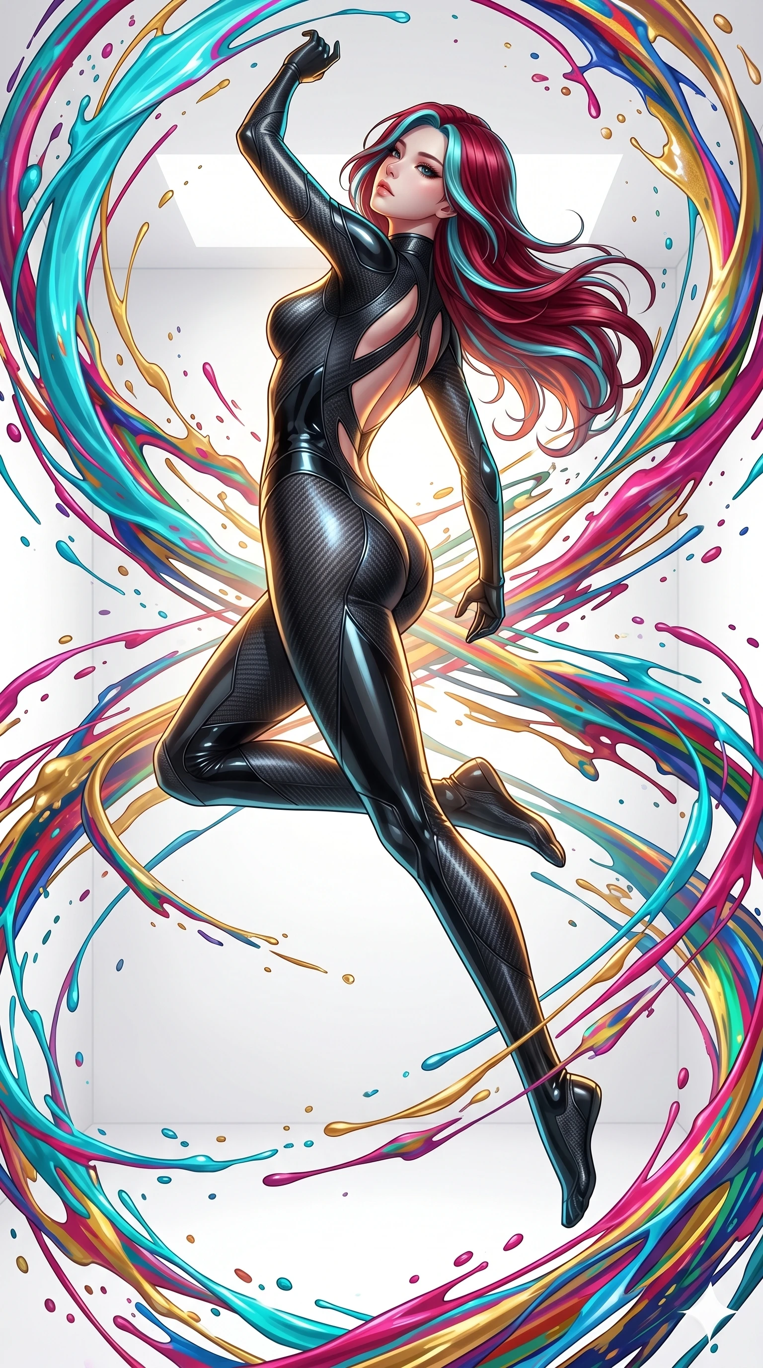 score_9, masterpiece, best quality, ultra-detailed, high-budget anime keyframe, Japanese woman. low angle full-body shot filling the entire 9:16 frame with her statuesque presence, stretching the vertical silhouette. leaping into a vorticist paint splatter dimension where thousands of vivid acrylic paint ribbons and splatters swirl around her in a white gallery void. She has an absolutely perfect 8-heads proportion, an exceptionally tall and slender female figure with impossibly long slender legs and an ultra-slim waist. V-shaped jawline, high-bridge nose, intricate jewel-like eyes with depth, thick eyelashes, glossy lips with a natural sheen.. wearing a second-skin carbon fiber combat suit, featuring matte carbon fiber and glossy latex panels with elegant slitted cutouts on the upper back. showcasing a beautiful play of light and shadow, with warm golden rays clashing against cool cyan highlights. 2k, ultra detail, master piece, 9:16 ratio