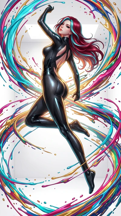 score_9, masterpiece, best quality, ultra-detailed, high-budget anime keyframe, Japanese woman. low angle full-body shot filling the entire 9:16 frame with her statuesque presence, stretching the vertical silhouette. leaping into a vorticist paint sp