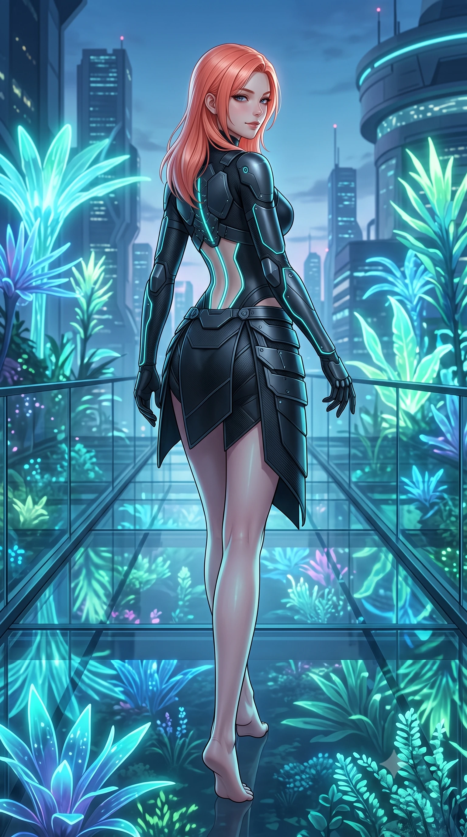 score_9, masterpiece, best quality, ultra-detailed, high-budget anime keyframe, semi-realistic 3D game render, editorial fashion photography, tasteful artistic composition, Japanese woman. low angle full-body shot from head to toe showing her feet, filling the entire 9:16 vertical frame with her statuesque presence, stretching her vertical silhouette. walking slowly along the transparent glass skybridge, looking back over her shoulder with an air of effortless grace and an alluring, smoldering smile while walking slowly down the glass catwalk surrounded by towering glowing neon flora, arching her back with an ethereal, sovereign expression. The surrounding environment is rendered in vivid detail and crisp panoramic clarity: detailed suit fabric weave, bioluminescent reflections on skin, and futuristic biosphere architecture in razor-sharp clarity. She has an absolutely perfect, statuesque 8.5-heads proportion, an exceptionally tall and slender model-like female figure with impossibly long slender legs, an ultra-slim waist, a flat toned midriff, narrow delicate ribcage, and beautifully sculpted feminine hips creating a graceful, slim hourglass silhouette without any bulky heaviness. sharp v-shaped jawline, high-bridge nose, intricate jewel-like sparkling eyes with depth, thick eyelashes, glossy parted lips with a natural sheen, bright confident smile with an enchanting and coquettish sensual glint, exuding both youthful magnetic charm and sovereign high-tech allure, flawlessly proportioned anatomical accuracy, strict slender model proportions, natural body alignment, perfectly sculpted long slender limbs, ultra-slim waistline, clean dynamic posture without body distortion. wearing a cyber-samurai tactical suit featuring a shortened carbon chestplate and high-slit armored wrap skirt in matte obsidian black and glowing neon cyan trim, tailored from brushed aeronautical titanium alloy with matte satin sheen, accented with glowing neon fiber-optic piping tracing her spine and hip lines, the liquid-tight tailored fabric clinging flawlessly to her narrow waist and rounded feminine hips, emphasizing every millimeter of her sculpted slim hourglass curves without any bulky heaviness. bathed in cool ethereal aqua and ultraviolet bioluminescent light radiating from living plants. highly saturated vibrant anime colors, detailed shading with soft gradients, rich glossy textures, high-contrast stereoscopic depth, volumetric dynamic lighting, master piece, 9:16 ratio