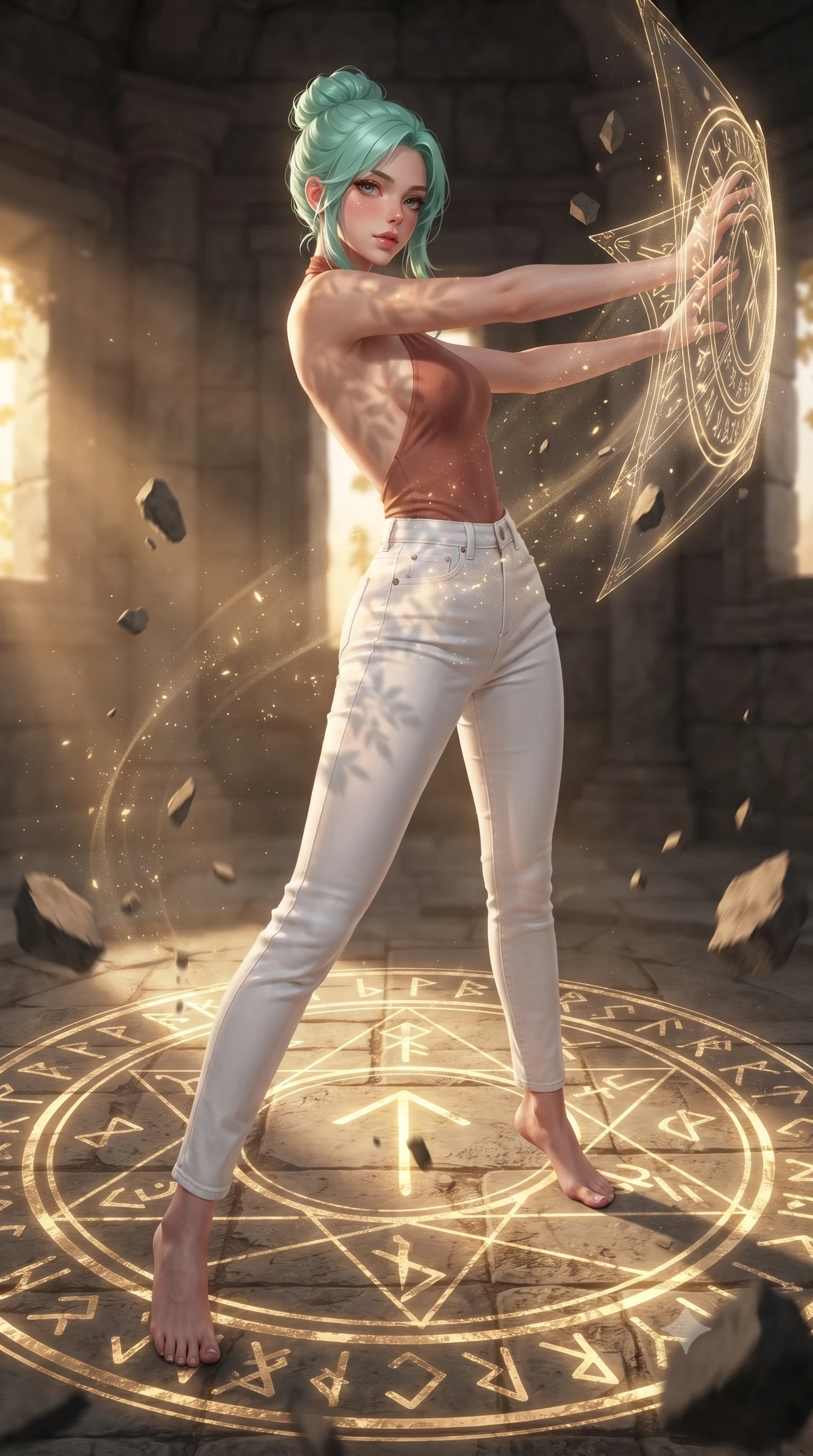 score_9, masterpiece, best quality, ultra-detailed, high-budget anime keyframe, editorial fashion photography, tasteful artistic composition, realistic cosplay photography, Japanese woman. low angle full-body shot from head to toe showing her feet, filling the entire 9:16 vertical frame with her statuesque presence, stretching her vertical silhouette. dodging backward with feline agility while casting an energy barrier through an ancient stone chamber where a massive runic seal on the floor glows with gold light, stone debris floating in the energy field. She has a statuesque 8.5-heads proportion, an exceptionally tall, slender and willowy model-like build with impossibly long legs and a highly sculpted ultra-slim waist. sharp v-shaped jawline, high-bridge nose, intricate jewel-like eyes with depth, thick eyelashes, glossy lips with a natural sheen. wearing catching and diffusing the glowing particles, shimmering softly in response to the surrounding light, a body-hugging backless halter-neck top in muted terracotta, paired with high-waisted white denim trousers. warm golden afternoon sunbeams casting soft organic leaf shadows across her skin. ultra-reflective glossy finish, specular highlights, metallic sheen, high-contrast stereoscopic depth, volumetric dynamic lighting, 2k, ultra detail, master piece, 9:16 ratio