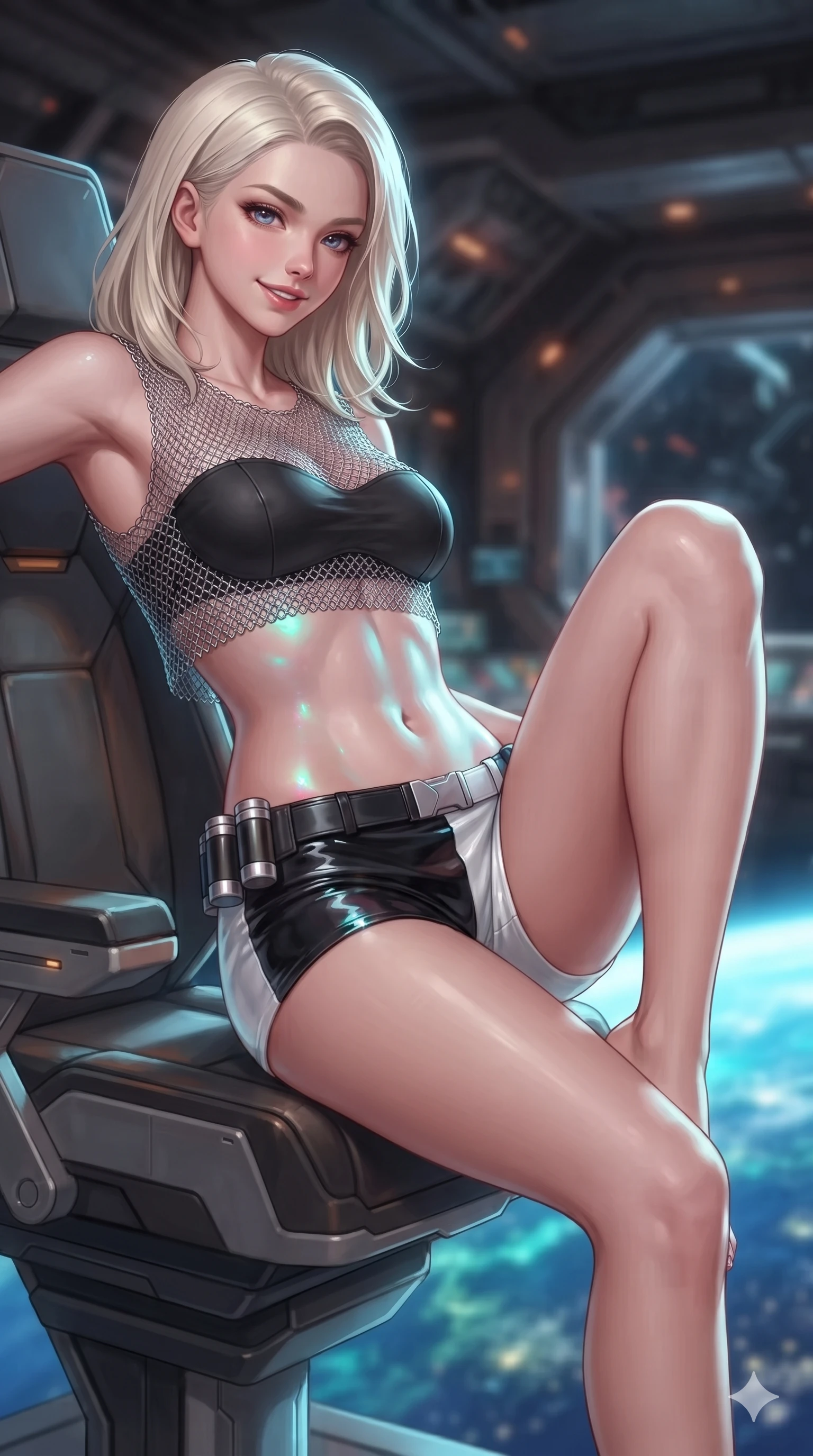 score_9, masterpiece, best quality, ultra-detailed, high-budget anime keyframe, editorial fashion photography, tasteful artistic composition, Caucasian woman. close-up cowboy shot from the waist and thighs up, the character dominates the composition, filling the frame with her large presence. perched sideways on the pilot seat, one knee drawn up to showcase her slender leg line while her arched back accentuates her feminine hip curve while twisting her slender torso in an alluring S-curve, brilliant blue earthlight and platinum ring reflections painting glowing highlights across her flat midriff and hourglass curves. The background shows a soft-focus orbital station ambient haze softened in high council balcony shallow focus. She has an exceptionally elegant, slender, and willowy female figure with an ultra-slim waist, flat toned midriff, narrow ribcage, and sculpted feminine hips creating an alluring, slim hourglass silhouette without bulk. sharp v-shaped jawline, high-bridge nose, intricate jewel-like sparkling eyes with depth, thick eyelashes, glossy parted lips with a natural sheen, bright confident smile with an enchanting and coquettish sensual glint, exuding both youthful magnetic charm and sovereign high-tech allure, flawlessly proportioned anatomical accuracy, strict slender model proportions, natural body alignment, perfectly sculpted long slender limbs, ultra-slim waistline, clean dynamic posture without body distortion. wearing a delicate silver chainmail mesh crop top layered over a sculpted matte black bandeau with low-rise combat shorts in dual-tone high-contrast monochrome black and stark white, tailored from ultra-reflective glossy liquid vinyl with mirror-like specular highlights, accented with a sleek utility belt with polished magnetic canisters resting loosely on her curvy hips, the form-fitting tactical tailoring adhering flawlessly to her sculpted flat midriff and slender torso, emphasizing her long leg lines and perfectly proportioned willowy build. bathed in the glorious, unpolluted sapphire and turquoise radiance of the illuminated planet below mixed with subtle warm balcony accent lights. ultra-reflective glossy finish, specular highlights, rich textural contrasts, high-contrast stereoscopic depth, volumetric dynamic lighting, 2k, ultra detail, master piece, 9:16 ratio
