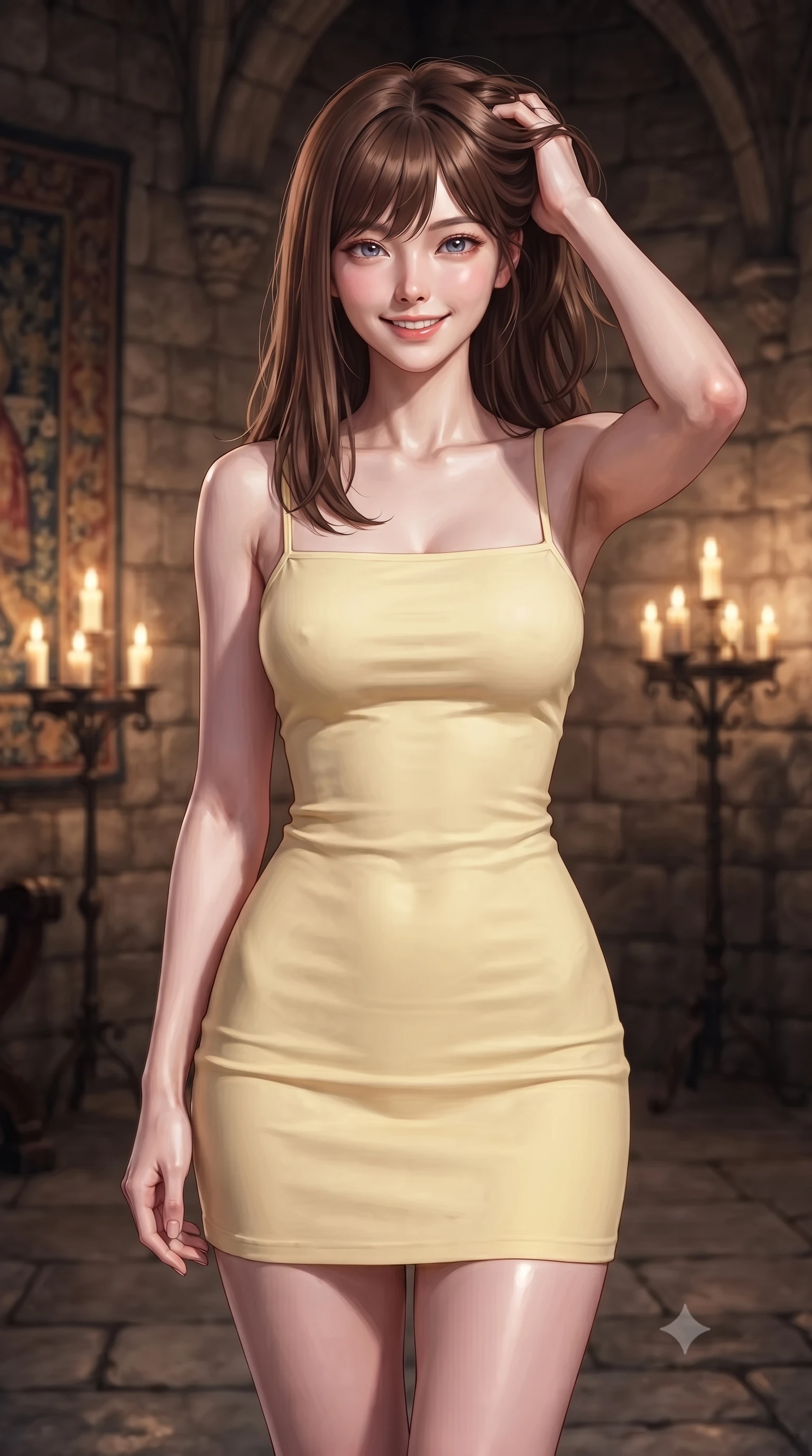 score_9, masterpiece, best quality, ultra-detailed, high-budget anime keyframe, editorial fashion photography, tasteful artistic composition, Korean woman woman. close-up cowboy shot from the waist and thighs up, the character dominates the composition, filling the frame with her large presence, background elements kept in soft focus. smiling with quiet, magnetic self-assurance directly into the camera, running a hand through her hair the background shows a soft-focus an old stone castle chamber with tapestries and candle stands. She has an exceptionally elegant, slender, and willowy female figure with an ultra-slim waist, a gracefully sculpted slender torso, and a refined silhouette. sharp v-shaped jawline, high-bridge nose, intricate jewel-like eyes with depth, thick eyelashes, glossy lips with a natural sheen. wearing a slim-fit casual summer sundress in pale yellow cotton with a simple square neckline. warm flickering candle lights casting dramatic shadows on the stone walls. ultra-reflective glossy finish, specular highlights, metallic sheen, high-contrast stereoscopic depth, volumetric dynamic lighting, 2k, ultra detail, master piece, 9:16 ratio