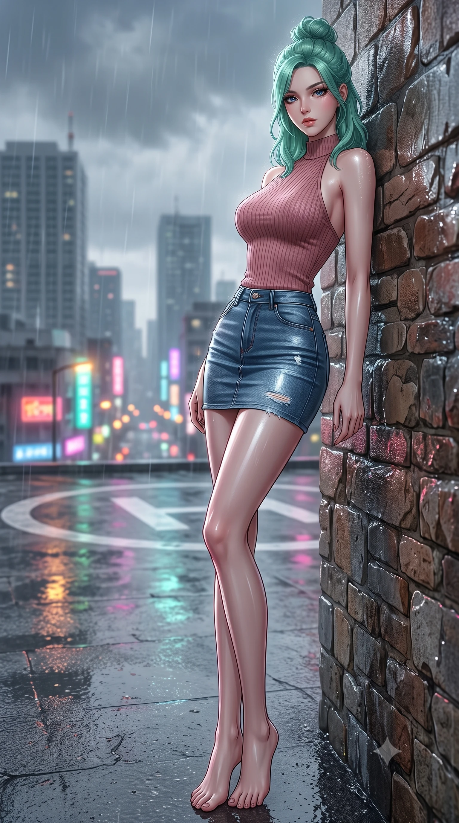 score_9, masterpiece, best quality, ultra-detailed, high-budget anime keyframe, editorial fashion photography, tasteful artistic composition, Japanese woman. low angle full-body shot from head to toe showing her feet, filling the entire 9:16 vertical frame with her statuesque presence, stretching her vertical silhouette. leaning back against a rustic stone wall, casting a slow, alluring gaze at the camera the background shows a soft-focus a rooftop helipad circle during a heavy thunderstorm with wet concrete. She has an absolutely perfect, statuesque 8.5-heads proportion, an exceptionally tall and slender model-like female figure with impossibly long slender legs and an ultra-slim waist. sharp v-shaped jawline, high-bridge nose, intricate jewel-like eyes with depth, thick eyelashes, glossy lips with a natural sheen. wearing a form-contouring form-fitting ribbed knit halter top in dusty rose, paired with a tight-fitting denim skirt. vibrant streetlights and neon signs reflecting off the wet asphalt surface. ultra-reflective glossy finish, specular highlights, metallic sheen, high-contrast stereoscopic depth, volumetric dynamic lighting, 2k, ultra detail, master piece, 9:16 ratio