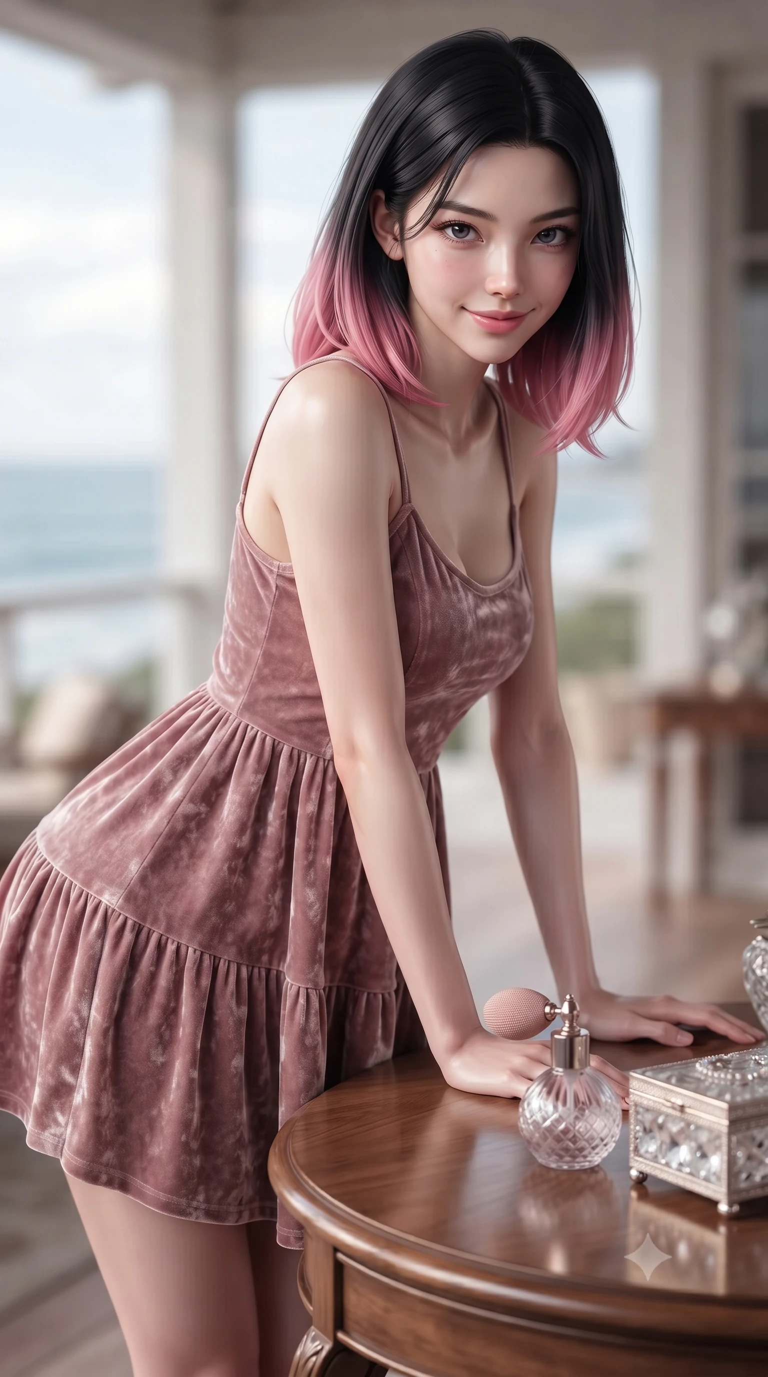 score_9, masterpiece, best quality, ultra-detailed, high-budget anime keyframe, editorial fashion photography, tasteful artistic composition, Korean woman. close-up cowboy shot from the waist and thighs up, the character dominates the composition, filling the frame with her large presence, background elements kept in soft focus. leaning slightly forward over the table with a playful, magnetic smile that locks direct eye contact set against a soft-focus background of inside an exclusive coastal veranda with a vintage perfume atomizer and crystal jewelry box reflecting soft light. She has an exceptionally elegant, slender, and willowy female figure with an ultra-slim waist, a gracefully sculpted slender torso, and a refined silhouette. sharp v-shaped jawline, high-bridge nose, intricate jewel-like eyes with depth, thick eyelashes, glossy lips with a natural sheen. wearing form-contouring dusty rose crushed velvet flowy linen sundress with a comfortable tiered skirt silhouette featuring refined tailored seams. accented by a single dramatic key light highlighting her statuesque posture and slim waist. ultra-reflective glossy finish, specular highlights, metallic sheen, high-contrast stereoscopic depth, volumetric dynamic lighting, 2k, ultra detail, master piece, 9:16 ratio