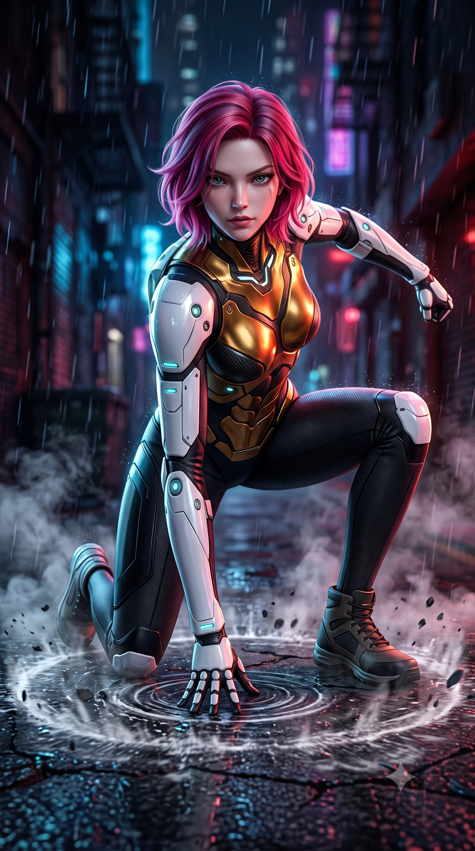 score_9, masterpiece, best quality, ultra-detailed, high-budget anime keyframe, semi-realistic 3D game render, editorial fashion photography, tasteful artistic composition, Caucasian woman. low angle full-body shot from head to toe showing her feet, filling the entire 9:16 vertical frame with her statuesque presence, stretching her vertical silhouette. landing gracefully from a high-altitude leap on one knee and palm, her statuesque silhouette framed by radial shockwave ripples in the ground while stepping forward through drifting sewer steam with a slow, predatory combat advance that commands total respect. The composition keeps background elements in soft focus with creamy bokeh. falling raindrops catching neon light motes across a dark noir backdrop. She has an absolutely perfect, statuesque 8.5-heads proportion, an exceptionally tall and slender model-like female figure with impossibly long slender legs, a toned flat midriff, and an ultra-slim waist. sharp v-shaped jawline, high-bridge nose, intricate jewel-like eyes with depth, thick eyelashes, glossy lips with a natural sheen, flawlessly proportioned anatomical accuracy, strict slender model proportions, natural body alignment, perfectly sculpted long slender limbs, ultra-slim waistline, clean dynamic posture without body distortion. wearing a sculpted molten-gold and dark carbon cuirass paired with high-mobility combat leggings and kinetic energy channels in monochrome white enamel carbon with high-contrast black panels, made of liquid carbon-jersey fabric adhering flawlessly to her sculpted silhouette, featuring a sleek aerodynamic collar framed by subtle glowing cybernetic status LEDs, the liquid-tight tailored fabric emphasizing every curve of her tall, slender model proportions and sculptured silhouette during dynamic movement. surrounded by a dangerous, gritty, and intensely captivating martial femme-fatale noir aura. rich saturated anime colors with glowing neon highlights, detailed shading with soft gradients, rich glossy textures, high-contrast stereoscopic depth, volumetric dynamic lighting, master piece, 9:16 ratio