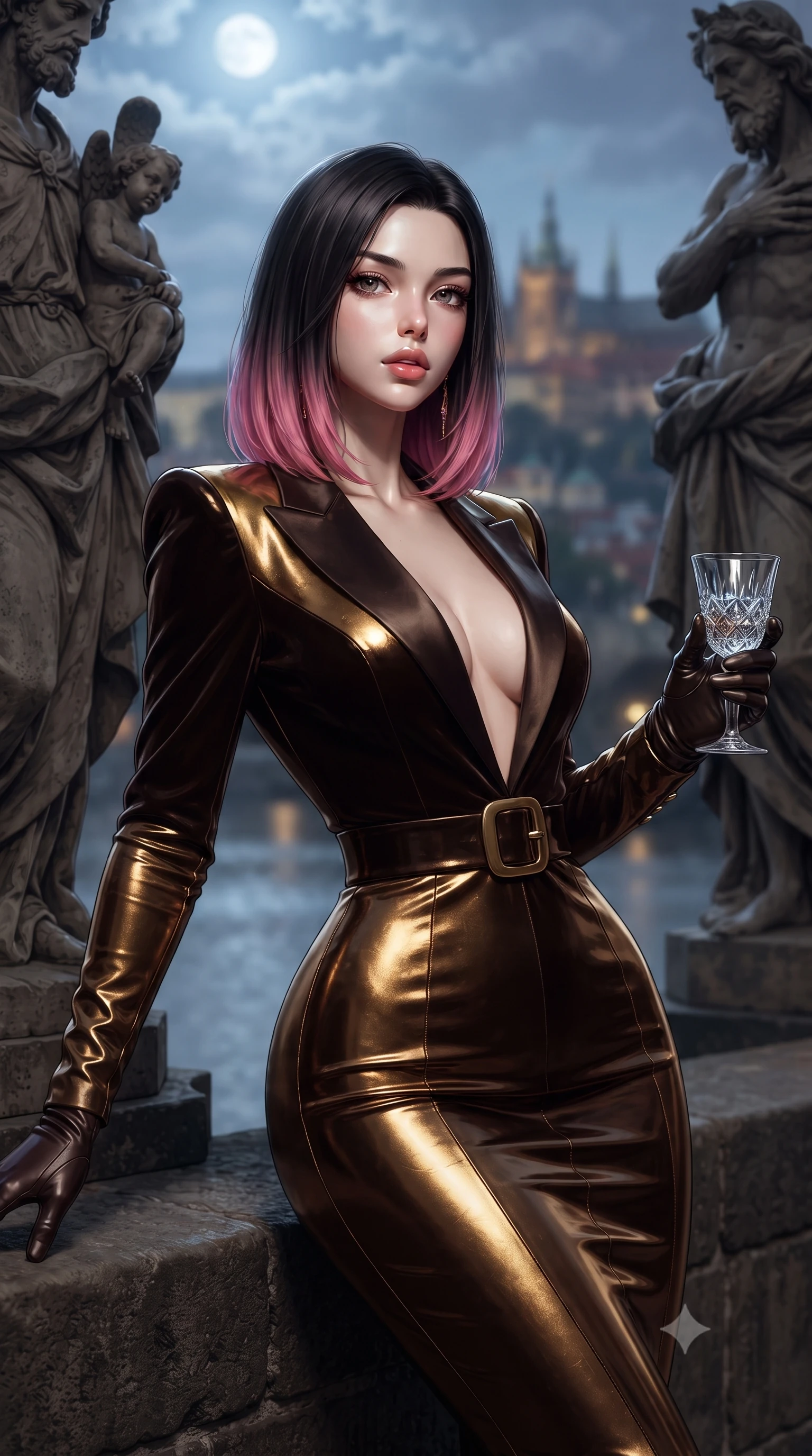 score_9, masterpiece, best quality, ultra-detailed, high-budget anime keyframe, editorial fashion photography, tasteful artistic composition, Korean woman. close-up cowboy shot from the waist and thighs up, the character dominates the composition, filling the frame with her large presence. leaning back with relaxed seductive grace, her sculpted collarbones and narrow waist highlighted as she casts smoldering bedroom-eyes directly into the camera while standing poised between colossal baroque stone statues, twisting her slender torso in an alluring contrapposto stance under the full moon. The composition keeps background elements in soft focus with creamy bokeh. misty Vltava river waters and distant Prague castle spires blurred into deep sapphire, antique gold, and charcoal bokeh. She has an exceptionally elegant, slender, and willowy female figure with an ultra-slim waist, flat toned midriff, narrow ribcage, and sculpted feminine hips creating an alluring, slim hourglass silhouette without bulk. sharp v-shaped jawline, high-bridge nose, intricate jewel-like eyes with depth, thick eyelashes, glossy parted lips with a natural sheen, intensely captivating and seductive bedroom-eyes expression, flawlessly proportioned anatomical accuracy, strict slender model proportions, natural body alignment, perfectly sculpted long slender limbs, ultra-slim waistline, clean dynamic posture without body distortion. wearing a tailored velvet tuxedo jacket dress with satin lapels, worn with a deep plunge neckline and gold hip buckle in dark espresso brown and molten gold foil, formed from supple second-skin lambskin leather with specular sheen, accessorized with opera-length satin gloves and a vintage crystal glass, the glove-like aerodynamic silhouette tightly following the natural contour of her hips and long slender legs with statuesque 8.5-heads elegance. bathed in cool silver moonlight from above and warm amber gas-lamp lantern downlights. ultra-reflective glossy finish, specular highlights, rich textural contrasts, high-contrast stereoscopic depth, volumetric dynamic lighting, 2k, ultra detail, master piece, 9:16 ratio