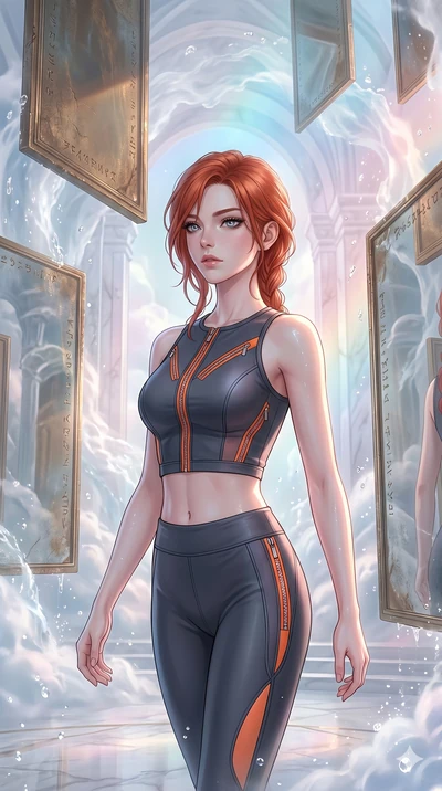 score_9, masterpiece, best quality, ultra-detailed, high-budget anime keyframe, Caucasian woman, strictly human ears. upper body close-up from the thighs up, character filling the screen for maximum presence. wandering through a mirage cloud cathedra