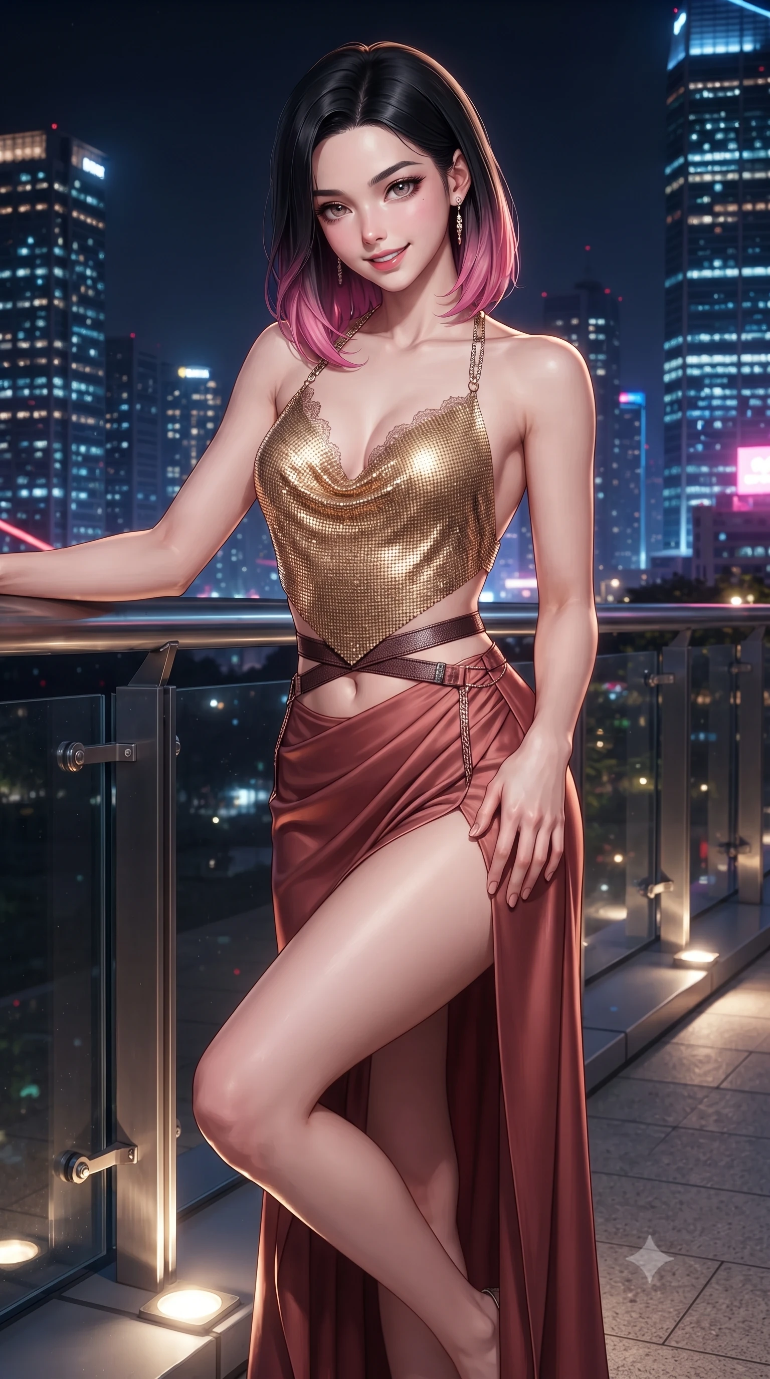 score_9, masterpiece, best quality, ultra-detailed, high-budget anime keyframe, editorial fashion photography, tasteful artistic composition, Korean woman. close-up cowboy shot from the waist and thighs up, the character dominates the composition, filling the frame with her large presence. tilting her head with a teasing half-smile, running one hand slowly down the side of her hip in a flirtatious S-curve as ambient light caresses her silhouette while leaning against the glass-and-steel promenade railing with one knee bent, neon reflections dancing across her narrow waist and hips. The surrounding environment is rendered in vivid detail and crisp panoramic clarity: detailed plunging cowl-neck liquid satin gown drape, crystal shoulder cords, and skyscraper engineering in high resolution. She has an exceptionally elegant, slender, and willowy female figure with an ultra-slim waist, flat toned midriff, narrow ribcage, and sculpted feminine hips creating an alluring, slim hourglass silhouette without bulk. sharp v-shaped jawline, high-bridge nose, intricate jewel-like sparkling eyes with depth, thick eyelashes, glossy parted lips with a natural peach sheen, bright cheerful beaming smile with an enchanting and coquettish sensual glint, exuding both youthful cute charm and seductive allure, flawlessly proportioned anatomical accuracy, strict slender model proportions, natural body alignment, perfectly sculpted long slender limbs, ultra-slim waistline, clean dynamic posture without body distortion. wearing a shimmering liquid gold chainmail halter cowl top paired with a draped high-slit silk maxi skirt and waist harness in Milanese terracotta rose and warm espresso, woven from stretch shimmer crepe adhering with glove-like precision, finished with scalloped eyelash lace trim framing her sweetheart neckline with intimate elegance, the second-skin tailored fabric adhering flawlessly to her sculpted flat midriff and slender torso, emphasizing her long leg lines and perfectly proportioned willowy build. illuminated by ground uplights and sharp multi-colored rim lights sharply sculpting her slender torso, narrow waist, and curvy hips. ultra-reflective glossy finish, specular highlights, rich textural contrasts, high-contrast stereoscopic depth, volumetric dynamic lighting, 2k, ultra detail, master piece, 9:16 ratio