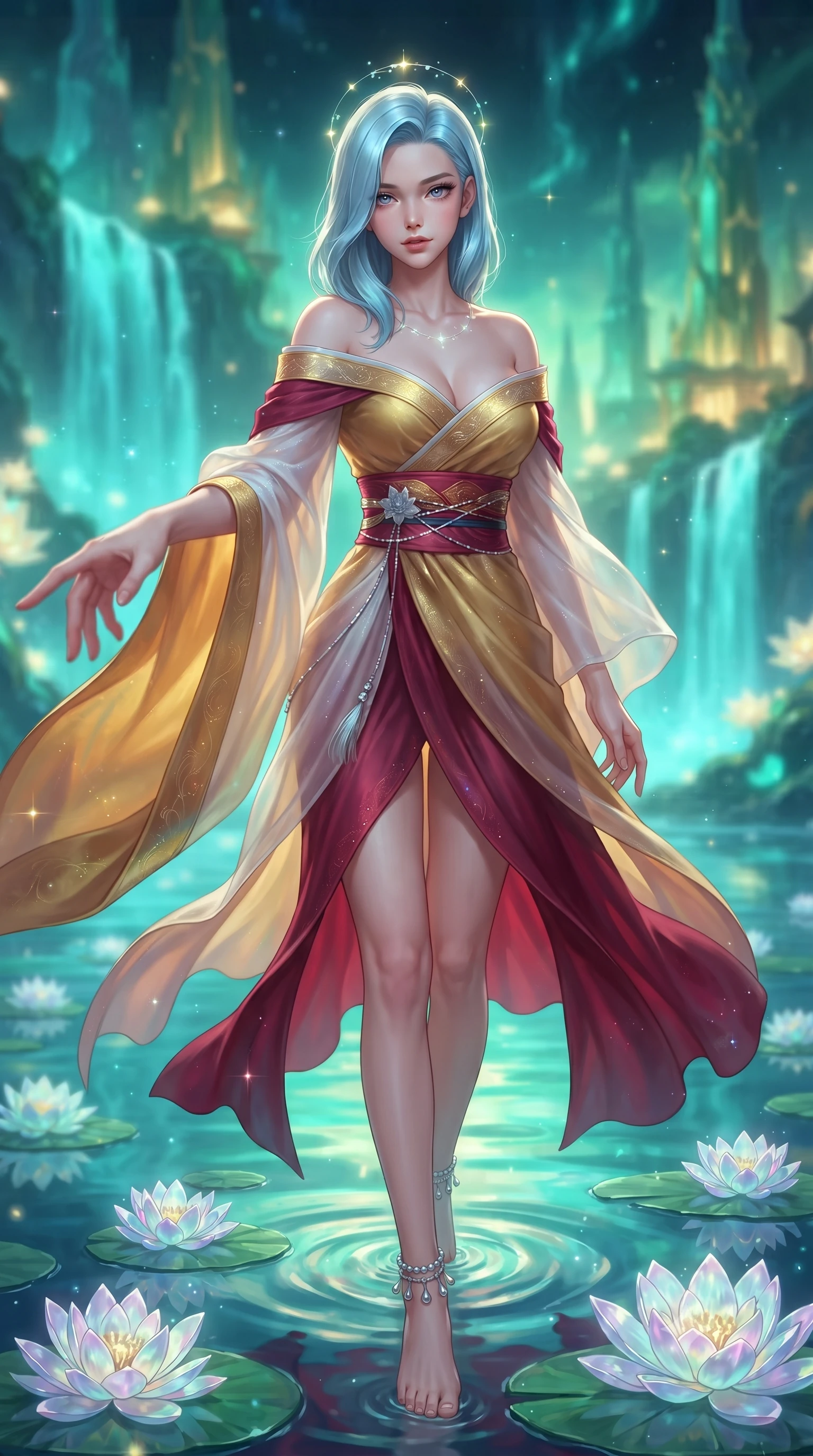 score_9, masterpiece, best quality, ultra-detailed, high-budget anime keyframe, editorial fashion photography, tasteful artistic composition, Korean woman. close-up cowboy shot from the waist and thighs up, the character dominates the composition, filling the frame with her large presence. extending one slender arm gracefully toward the foreground while casting an affectionate, mesmerizing glance while stepping lightly across floating crystal water lilies that chime with soft musical tones under her feet. The composition keeps background elements in soft focus with creamy bokeh. bioluminescent turquoise waterfalls and towering jade palace spires blurred into glowing emerald, teal, and gold bokeh. She has an exceptionally elegant, slender, and willowy female figure with an ultra-slim waist, a gracefully sculpted slender torso, toned flat midriff, and a refined slim silhouette. sharp v-shaped jawline, high-bridge nose, intricate jewel-like eyes with depth, thick eyelashes, glossy lips with a natural sheen, captivating and magnetic expression, flawlessly proportioned anatomical accuracy, strict slender model proportions, natural body alignment, perfectly sculpted long slender limbs, ultra-slim waistline, clean dynamic posture without body distortion. wearing an off-shoulder celestial kimono gown with fluttering silk drapes and a high side slit in imperial gold and deep crimson silk, tailored from crisp ceremonial cotton and multi-layered translucent chiffon, accented with dainty silver ankle bells and a glowing constellation circlet, the sleek tailored cut tightly hugging her graceful clavicle, narrow waist, and feminine curves with statuesque precision. surrounded by a royal, mythical, and deeply revered dragon palace guardian princess aura. ultra-reflective glossy finish, specular highlights, rich textural contrasts, high-contrast stereoscopic depth, volumetric dynamic lighting, 2k, ultra detail, master piece, 9:16 ratio