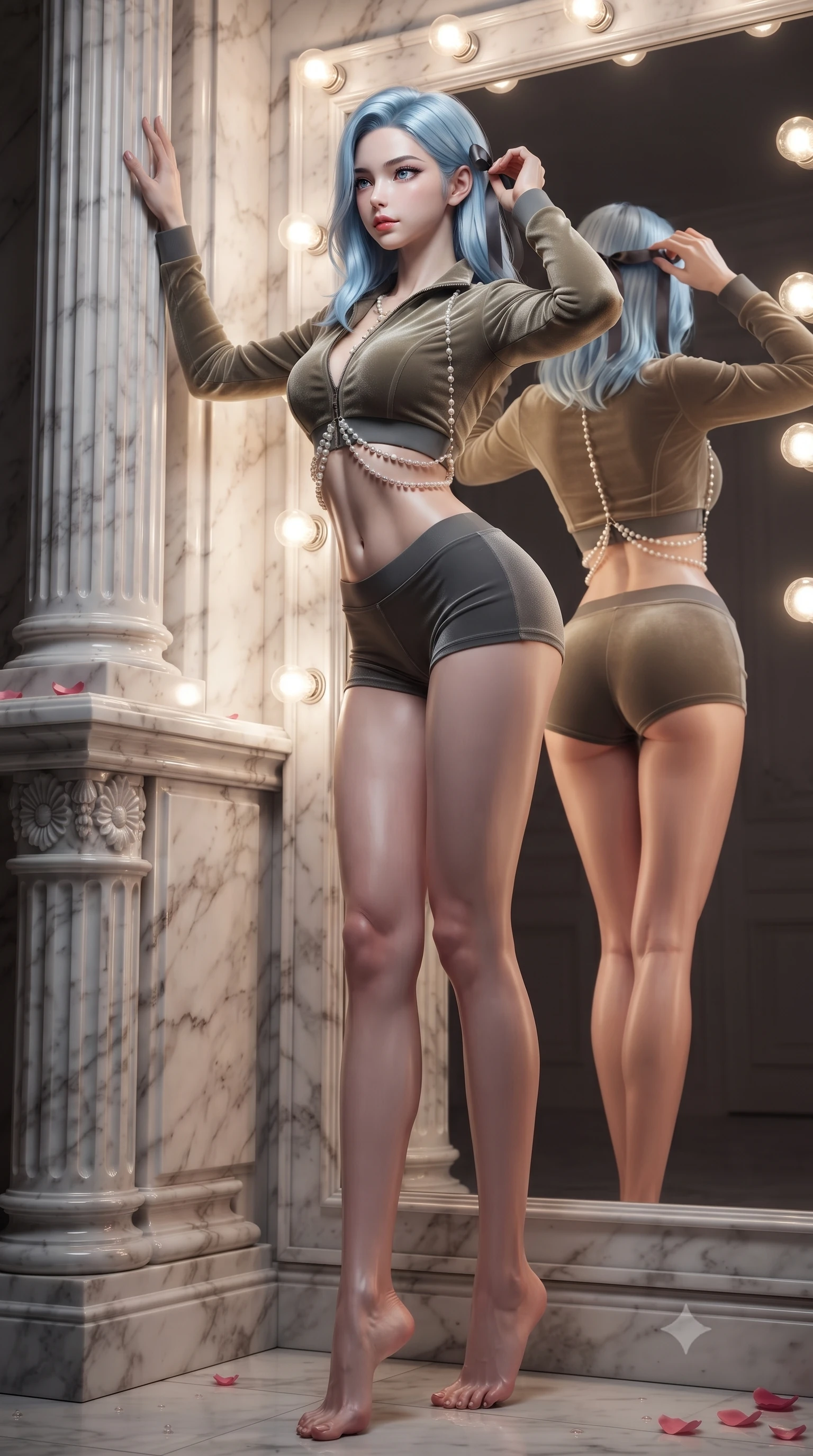 score_9, masterpiece, best quality, ultra-detailed, high-budget anime keyframe, editorial fashion photography, tasteful artistic composition, Korean woman. low angle full-body shot from head to toe showing her feet, filling the entire 9:16 vertical frame with her statuesque presence, stretching her vertical silhouette. standing tall beside the architectural column, one hand resting high while arching her lower back to emphasize her sculpted feminine hips and slender waist while twisting her slender torso in an alluring contrapposto stance before the glowing mirror bulbs, adjusting a ribbon with smoldering eyes. The surrounding environment is rendered in vivid detail and crisp panoramic clarity: sharp glass mirror reflection clarity, incandescent bulb filament glow, and fresh rose petal water droplets in deep focus. She has an absolutely perfect, statuesque 8.5-heads proportion, an exceptionally tall and slender model-like female figure with impossibly long slender legs, an ultra-slim waist, a flat toned midriff, narrow delicate ribcage, and beautifully sculpted feminine hips creating a graceful, slim hourglass silhouette without any bulky heaviness. sharp v-shaped jawline, high-bridge nose, sparkling eyes with hypnotic seductive depth, thick curled eyelashes, glossy parted lips with a natural dewy peach sheen, alluring bedroom-eyes with an enchanting coquettish smile, exuding magnetic siren charisma and sophisticated glamour, flawlessly proportioned anatomical accuracy, strict slender model proportions, natural body alignment, perfectly sculpted long slender limbs, ultra-slim waistline, clean dynamic posture without body distortion. wearing a modern two-piece tactical siren set featuring a zip-front bolero jacket and curve-hugging compression hot-pants in tactical desert sand khaki and matte carbon grey, tailored from ultra-plush velvet with rich tactile depth and deep shadow gradients, accented with a pearl-drop body harness subtly framing her dewy collarbones and spine, the glove-like clinging cut tightly following the natural contour of her hips and long slender legs with youthful 8.5-heads elegance. illuminated by marble vanity bounce and sharp platinum-gold rim lights sculpting her jawline, ultra-slim waist, and curvy hips. ultra-reflective glossy finish, specular highlights, rich textural contrasts, high-contrast stereoscopic depth, volumetric dynamic lighting, 2k, ultra detail, master piece, 9:16 ratio