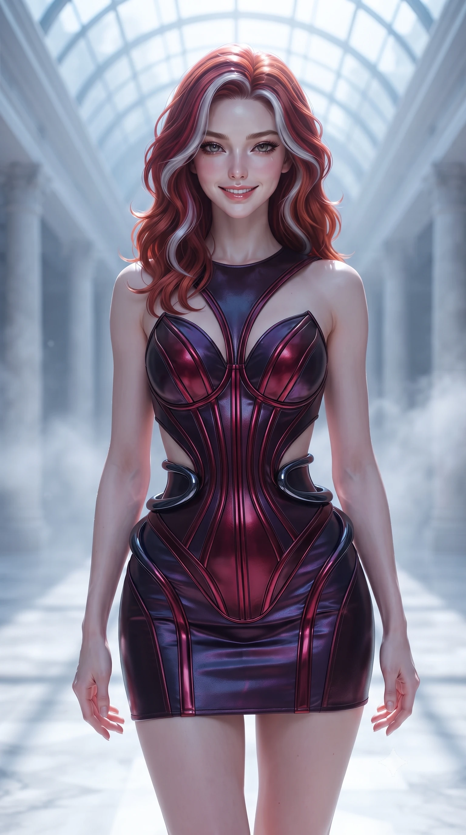 score_9, masterpiece, best quality, ultra-detailed, high-budget anime keyframe, editorial fashion photography, tasteful artistic composition, Caucasian woman. close-up cowboy shot from the waist and thighs up, the character dominates the composition, filling the frame with her large presence, background elements kept in soft focus. Smiling with quiet, magnetic self-assurance directly into the camera, poised on an alabaster walkway flooded with cold silver moonbeams, alabaster columns framed by gentle water vapor in soft background focus. She has an exceptionally elegant, slender, and willowy female figure with an ultra-slim waist, a gracefully sculpted slender torso, and a refined silhouette. sharp v-shaped jawline, high-bridge nose, intricate jewel-like eyes with depth, thick eyelashes, glossy lips with a natural sheen. wearing architectural cut-out dark leather mini dress with sculpted metallic boning in deep crimson burgundy, made of iridescent dark violet taffeta, accented with sculpted obsidian chrome rings at the waist, contouring every curve with an exceptionally elegant silhouette. illuminated by brilliant cold silver moonlight filtering through glass dome panes. highly saturated vibrant anime colors, detailed shading with soft gradients, rich glossy textures, high-contrast stereoscopic depth, volumetric dynamic lighting, master piece, 9:16 ratio