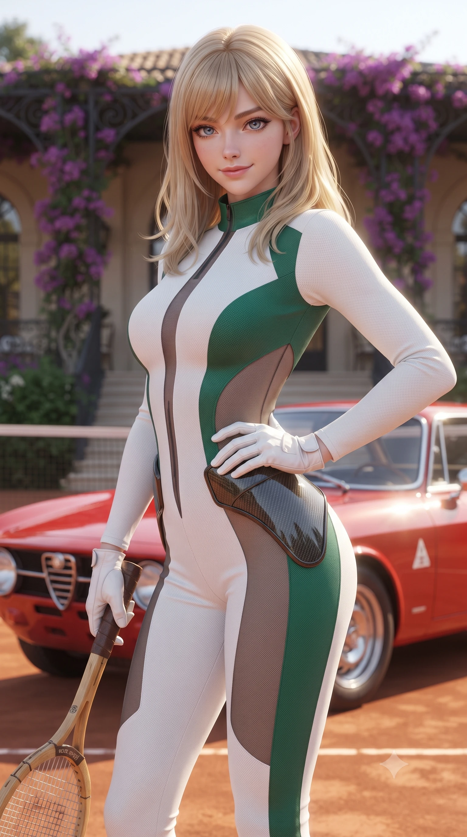 score_9, masterpiece, best quality, ultra-detailed, high-budget anime keyframe, editorial fashion photography, tasteful artistic composition, Japanese woman. close-up cowboy shot from the waist and thighs up, the character dominates the composition, filling the frame with her large presence. twisting her slender torso in an alluring contrapposto stance, one hand resting on her sculpted hip while holding a tennis racket with effortless poise while standing poised beside a vintage racing-red Alfa Romeo parked by the clay court with hips cocked back, casting an intoxicating, sunlit bedroom-gaze. The background shows a soft-focus wrought-iron club pavilions draped in purple bougainvillea softened in prestigious country club shallow focus. She has an exceptionally elegant, slender, and willowy female figure with an ultra-slim waist, flat toned midriff, narrow ribcage, and sculpted feminine hips creating an alluring, slim hourglass silhouette without bulk. sharp v-shaped jawline, high-bridge nose, sparkling eyes with athletic focus and depth, thick curled eyelashes, glossy parted lips with a natural coral-peach sheen, bright confident and coquettish smile with alluring bedroom-eyes, exuding both youthful sporty vigor and sovereign high-society glamour, flawlessly proportioned anatomical accuracy, strict slender model proportions, natural body alignment, perfectly sculpted long slender limbs, ultra-slim waistline, clean dynamic posture without body distortion. wearing a form-fitting white-and-emerald paddock racing jumpsuit with strategic sheer mesh panels along the torso and thighs in dual-tone high-contrast racing monochrome, made of second-skin technical compression piqué knit with moisture-wicking stretch, accented with sleek aerodynamic carbon-fiber hip pads framing her narrow waist, the glove-like aerodynamic silhouette tightly following the natural contour of her hips and long slender legs with youthful 8.5-heads elegance. illuminated by clay bounce warmth and sharp amber rim lighting defining her sculpted collarbones, ultra-slim waist, and curvy hips. ultra-reflective glossy finish, specular highlights, rich textural contrasts, high-contrast stereoscopic depth, volumetric dynamic lighting, 2k, ultra detail, master piece, 9:16 ratio