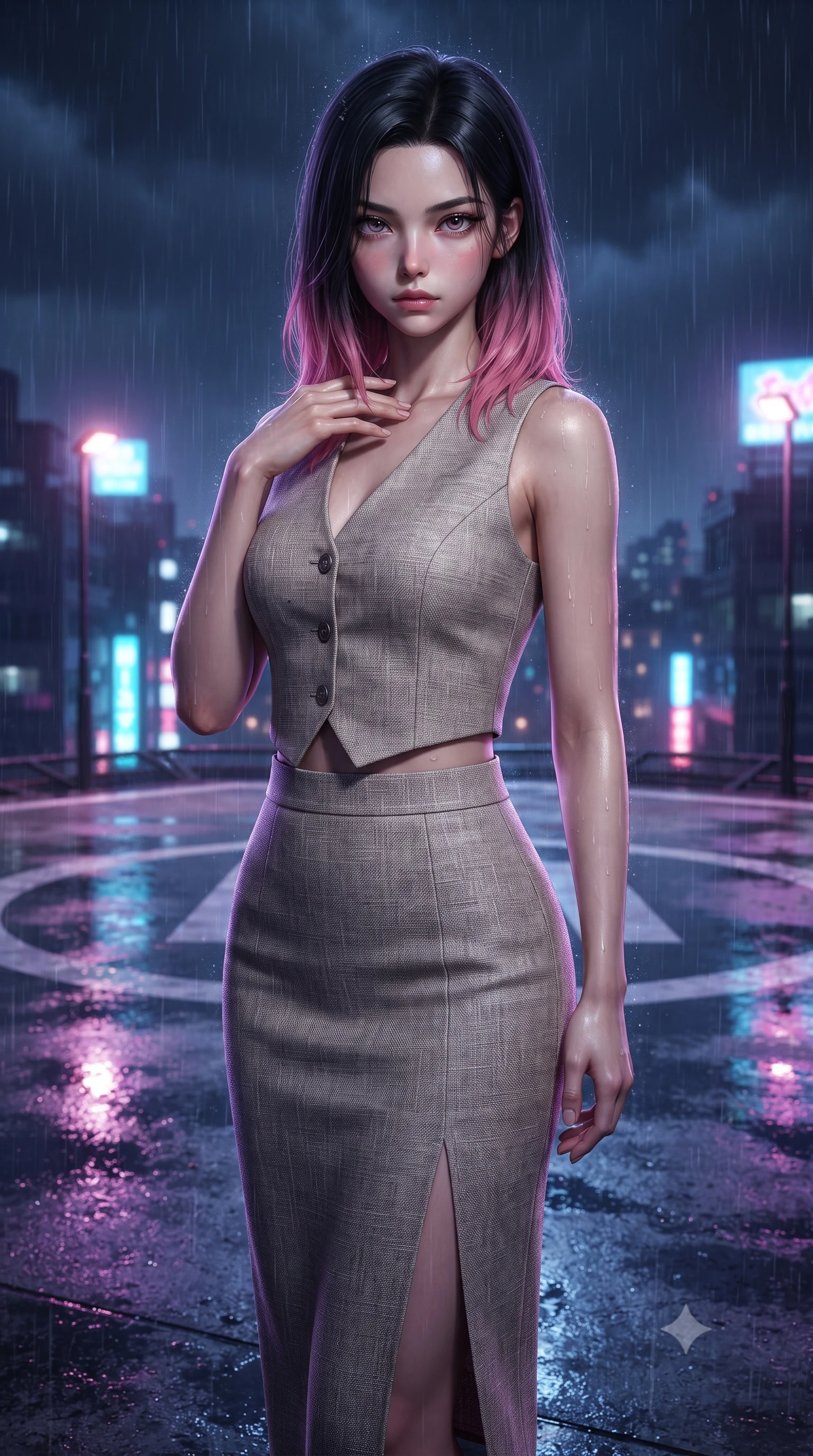 score_9, masterpiece, best quality, ultra-detailed, high-budget anime keyframe, editorial fashion photography, tasteful artistic composition, Korean woman. close-up cowboy shot from the waist and thighs up, the character dominates the composition, filling the frame with her large presence, background elements kept in soft focus. standing with one hand resting on her collarbone, looking at the viewer with bedroom-eyes the background shows a soft-focus a rooftop helipad circle during a heavy thunderstorm with wet concrete. She has an exceptionally elegant, slender, and willowy female figure with an ultra-slim waist, a gracefully sculpted slender torso, and a refined silhouette. sharp v-shaped jawline, high-bridge nose, intricate jewel-like eyes with depth, thick eyelashes, glossy lips with a natural sheen. wearing a slim-fit tailored vacation outfit of a linen crop vest and a matching side-slit midi skirt, revealing a subtle waist cutout. vibrant streetlights and neon signs reflecting off the wet asphalt surface. ultra-reflective glossy finish, specular highlights, metallic sheen, high-contrast stereoscopic depth, volumetric dynamic lighting, 2k, ultra detail, master piece, 9:16 ratio