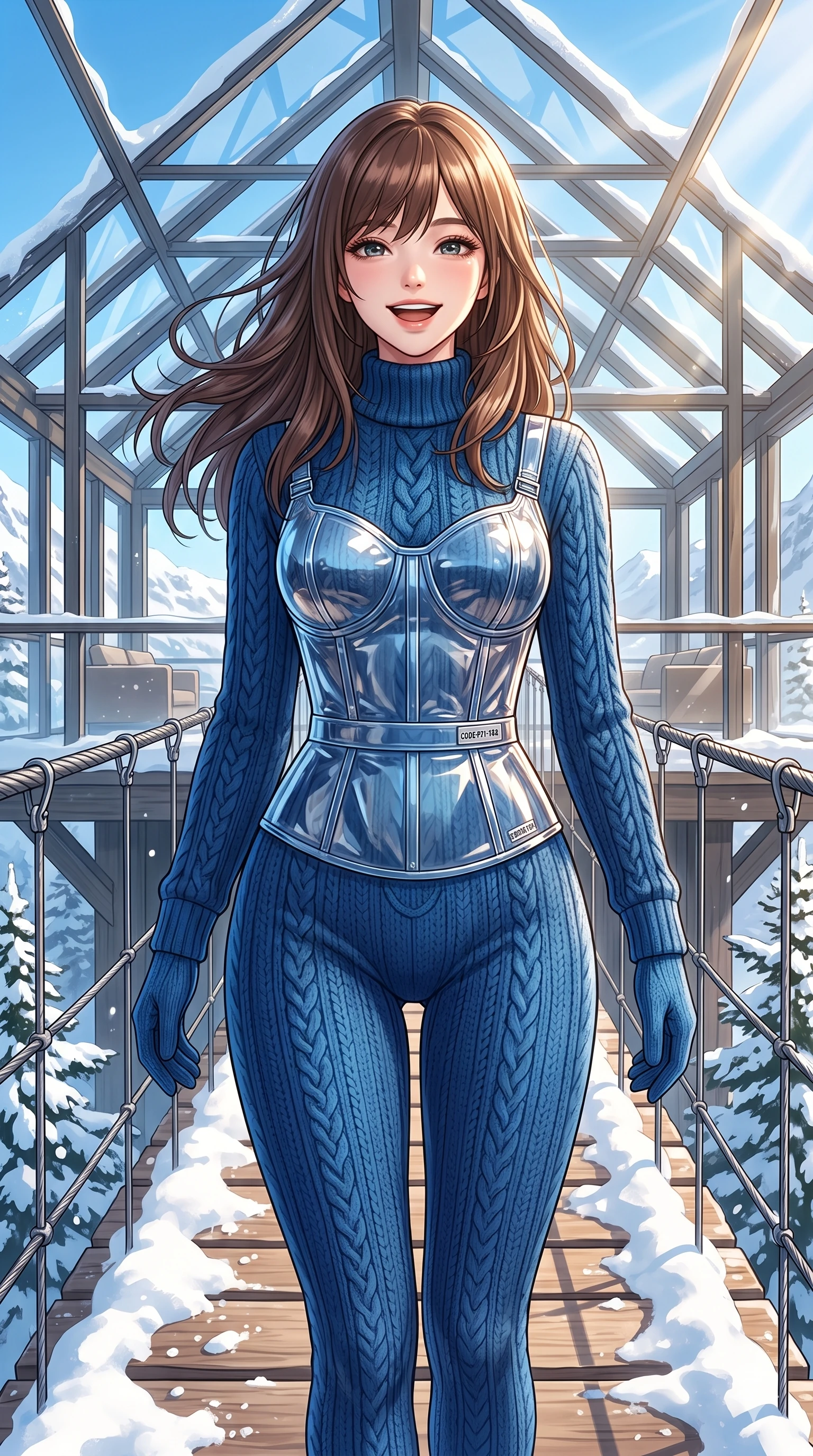 score_9, masterpiece, best quality, ultra-detailed, high-budget anime keyframe, vibrant anime aesthetic, Korean woman. cowboy shot from the thighs up, character and outfit filling the frame for maximum presence. She is posing with a cheerful winter laugh, looking directly into the lens with warm eyes in snow on a wooden suspension bridge under clear winter sky (Code-P21-182). She has an absolutely perfect 8-heads proportion, an exceptionally tall and slender female figure with impossibly long slender legs and an ultra-slim waist. V-shaped jawline, high-bridge nose, intricate jewel-like eyes with depth, thick eyelashes, glossy lips with a natural sheen. wearing a translucent patent-gloss structured bodice over a blue textured knit suit in winter. She is drenched in brilliant winter sunbeams filtering through the glass roof of the ski chalet lounge. 2k, ultra detail, master piece, 9:16 ratio