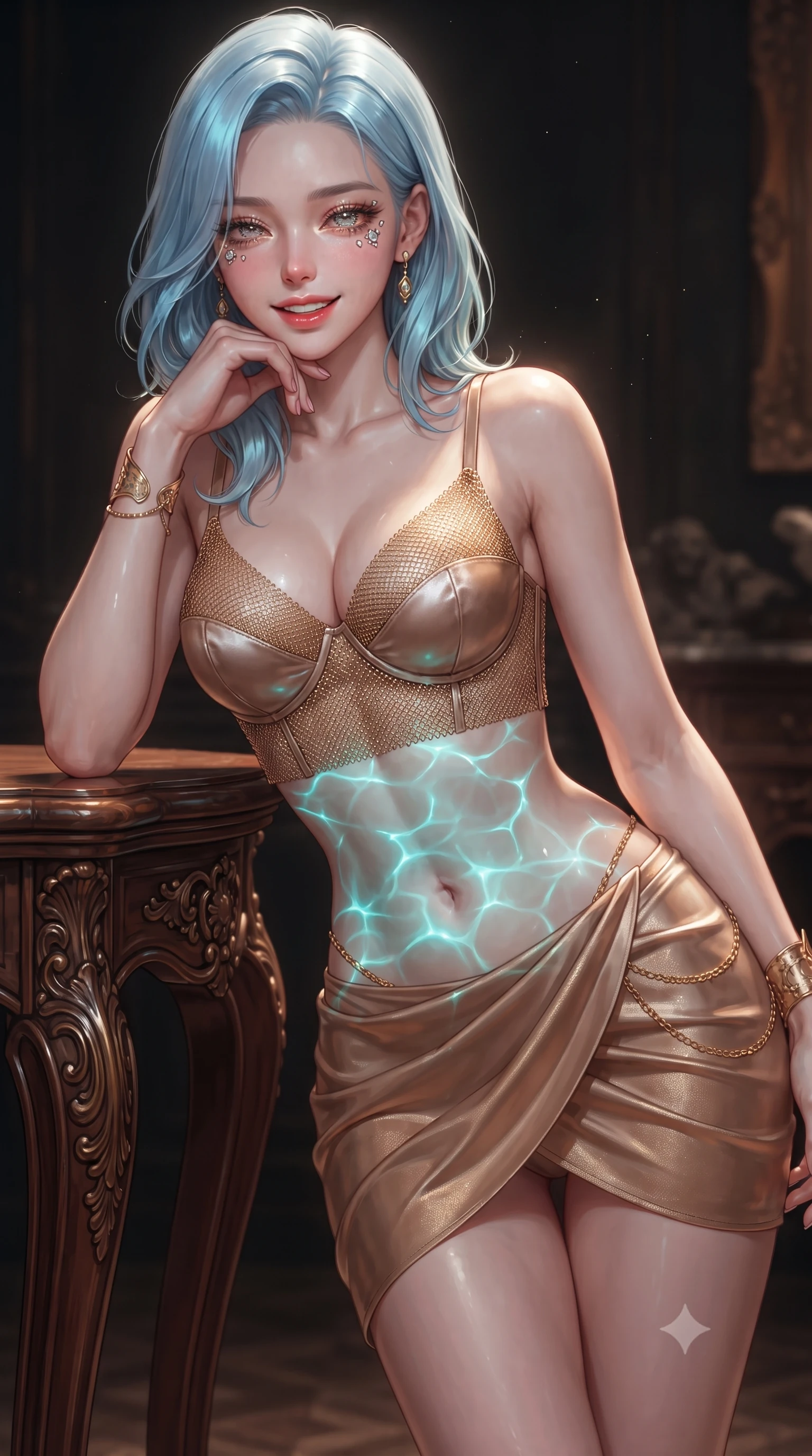score_9, masterpiece, best quality, ultra-detailed, high-budget anime keyframe, editorial fashion photography, tasteful artistic composition, Korean woman. close-up cowboy shot from the waist and thighs up, the character dominates the composition, filling the frame with her large presence. resting one elbow on the table and supporting her chin, leaning close to the camera with heavy-lidded sparkling eyes and parted lips while twisting her slender torso in an alluring S-curve, glowing cyan water reflections rippling across her flat midriff and curvaceous hips. The surrounding environment is rendered in vivid detail and crisp panoramic clarity: detailed wet-look vinyl bustier cling, gold chain draping, and geological rock relief in high resolution. She has an exceptionally elegant, slender, and willowy female figure with an ultra-slim waist, flat toned midriff, narrow ribcage, and sculpted feminine hips creating an alluring, slim hourglass silhouette without bulk. sharp v-shaped jawline, high-bridge nose, intricate jewel-like sparkling eyes with depth, thick eyelashes, glossy parted lips with a natural peach sheen, bright cheerful beaming smile with an enchanting and coquettish sensual glint, exuding both youthful cute charm and seductive allure, flawlessly proportioned anatomical accuracy, strict slender model proportions, natural body alignment, perfectly sculpted long slender limbs, ultra-slim waistline, clean dynamic posture without body distortion. wearing a sculpted underwire demi-bustier in satin paired with an ultra-short draped wrap tulip skirt and gold hip chain in warm toasted caramel and shimmering champagne, made of shimmering fluid gold chainmail mesh reflecting ambient chandelier light, accented with delicate golden wrist cuffs reflecting warm chandelier light, the liquid-tight tailored fabric clinging flawlessly to her narrow waist and rounded feminine hips, emphasizing every millimeter of her sculpted slim hourglass curves without any bulky heaviness. bathed in ethereal bioluminescent cyan-teal glow radiating from the sea water mixed with cool silver moonlight. ultra-reflective glossy finish, specular highlights, rich textural contrasts, high-contrast stereoscopic depth, volumetric dynamic lighting, 2k, ultra detail, master piece, 9:16 ratio