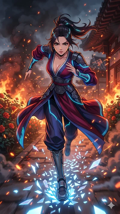 score_9, masterpiece, best quality, ultra-detailed, Set A: High-budget Anime Keyframe, Korean woman. Low angle cowboy shot filling the entire 9:16 frame with her statuesque presence. Sprinting through a burning rose garden, as the ground beneath her 