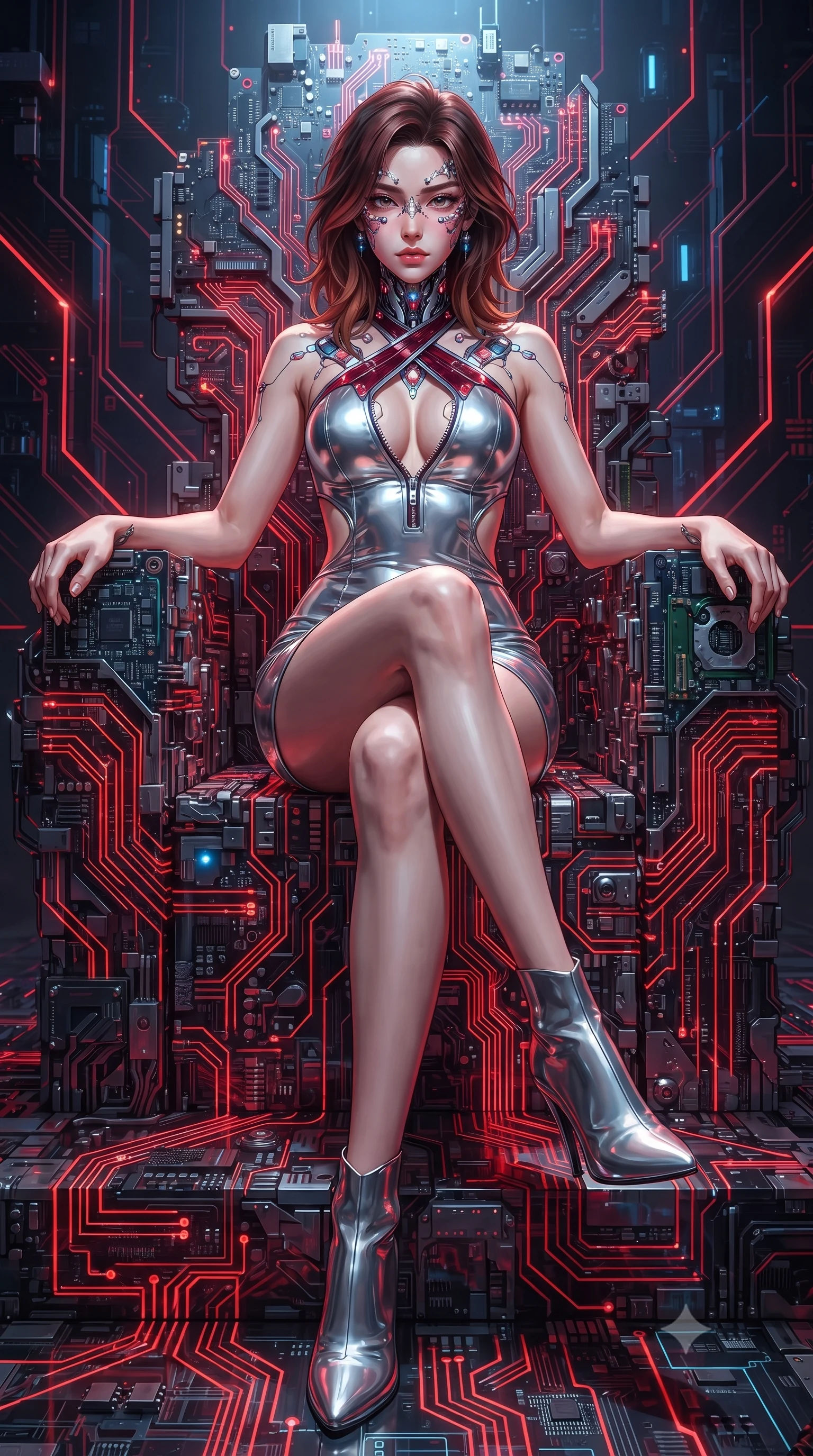 score_9, masterpiece, best quality, ultra-detailed, high-budget anime keyframe, editorial fashion photography, tasteful artistic composition, Korean woman. low angle full-body shot from head to toe showing her feet, filling the entire 9:16 vertical frame with her statuesque presence, stretching her vertical silhouette. striding forward in a proud, statuesque motion with a dangerous smolder, her vertical silhouette dominating the frame from head to toe while seated dynamically on a commanding throne of calcified logic boards and glowing red circuits. The surrounding environment is rendered in vivid detail and crisp panoramic clarity. rich high-contrast cybernetic throne room architecture captured with environmental sharpness. She has an absolutely perfect, statuesque 8.5-heads proportion, an exceptionally tall and slender model-like female figure with impossibly long slender legs and an ultra-slim waist. sharp v-shaped jawline, high-bridge nose, intricate jewel-like eyes with depth, thick eyelashes, glossy lips with a natural sheen, flawlessly proportioned anatomical accuracy, natural body alignment, perfectly sculpted elegant limbs, clean dynamic posture without body distortion. wearing a molten silver liquid-metal mini dress featuring deep side-waist cutouts and a daring crossover halter neckline in deep ruby red and polished chrome accents, crafted from ultra-reflective second-skin latex with a glass-like polish, featuring a dangerously unzipped neckline framed by glowing cybernetic accents, the liquid-tight fabric adhering flawlessly to her sculpted torso and slender silhouette. surrounded by a powerful, commanding, and fiercely sensual cybernetic aura. ultra-reflective glossy finish, specular highlights, metallic sheen, high-contrast stereoscopic depth, volumetric dynamic lighting, 2k, ultra detail, master piece, 9:16 ratio